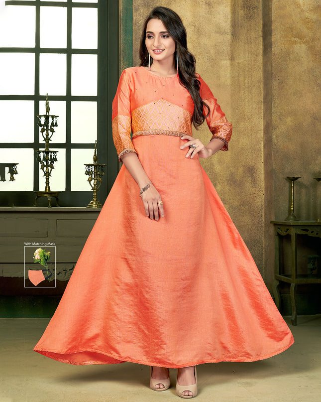 Laxmipati Sunny Silk With Brocade Dazzling Peach Flared Gown With Mask