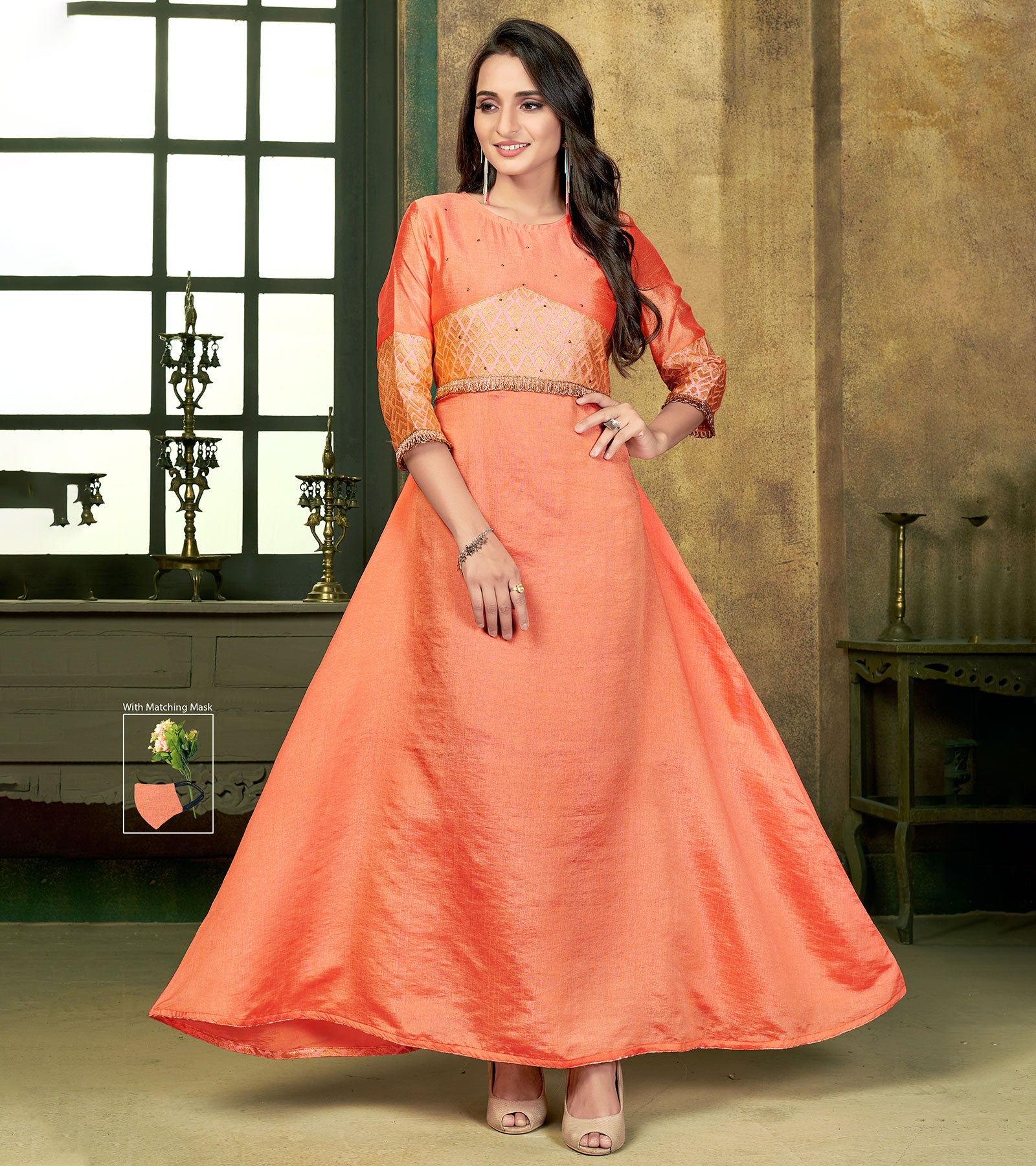 Laxmipati Sunny Silk With Brocade Dazzling Peach Flared Gown With Mask