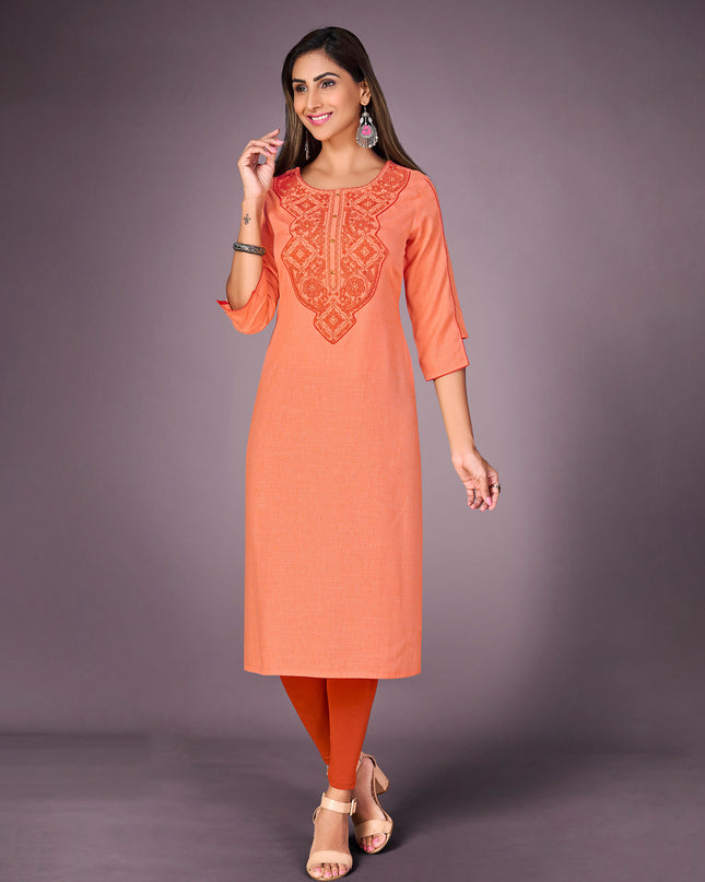 Laxmipati Kantha Cotton Self Textured Icy Orange Straight Cut Kurti With Mask
