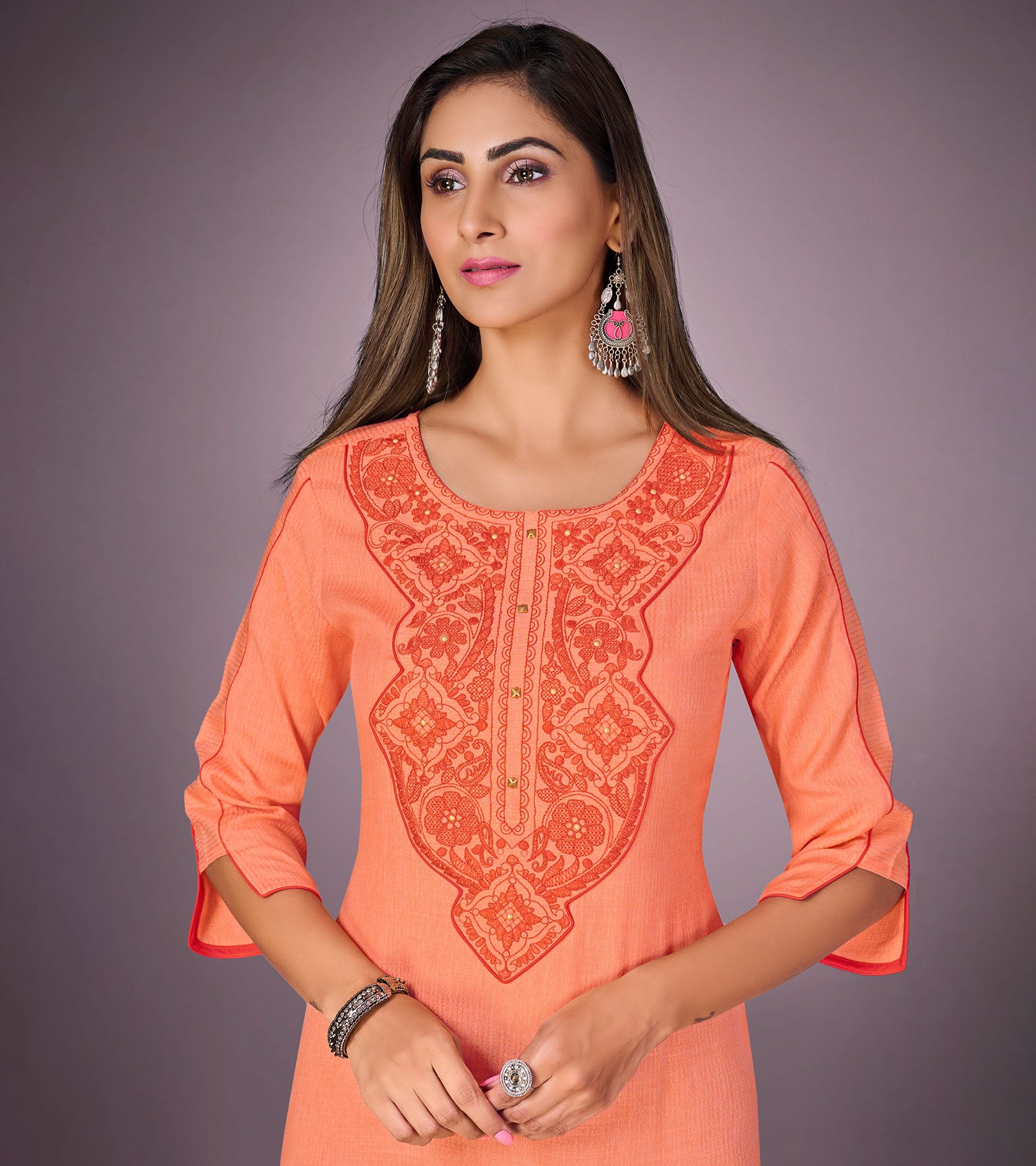 Laxmipati Kantha Cotton Self Textured Icy Orange Straight Cut Kurti With Mask