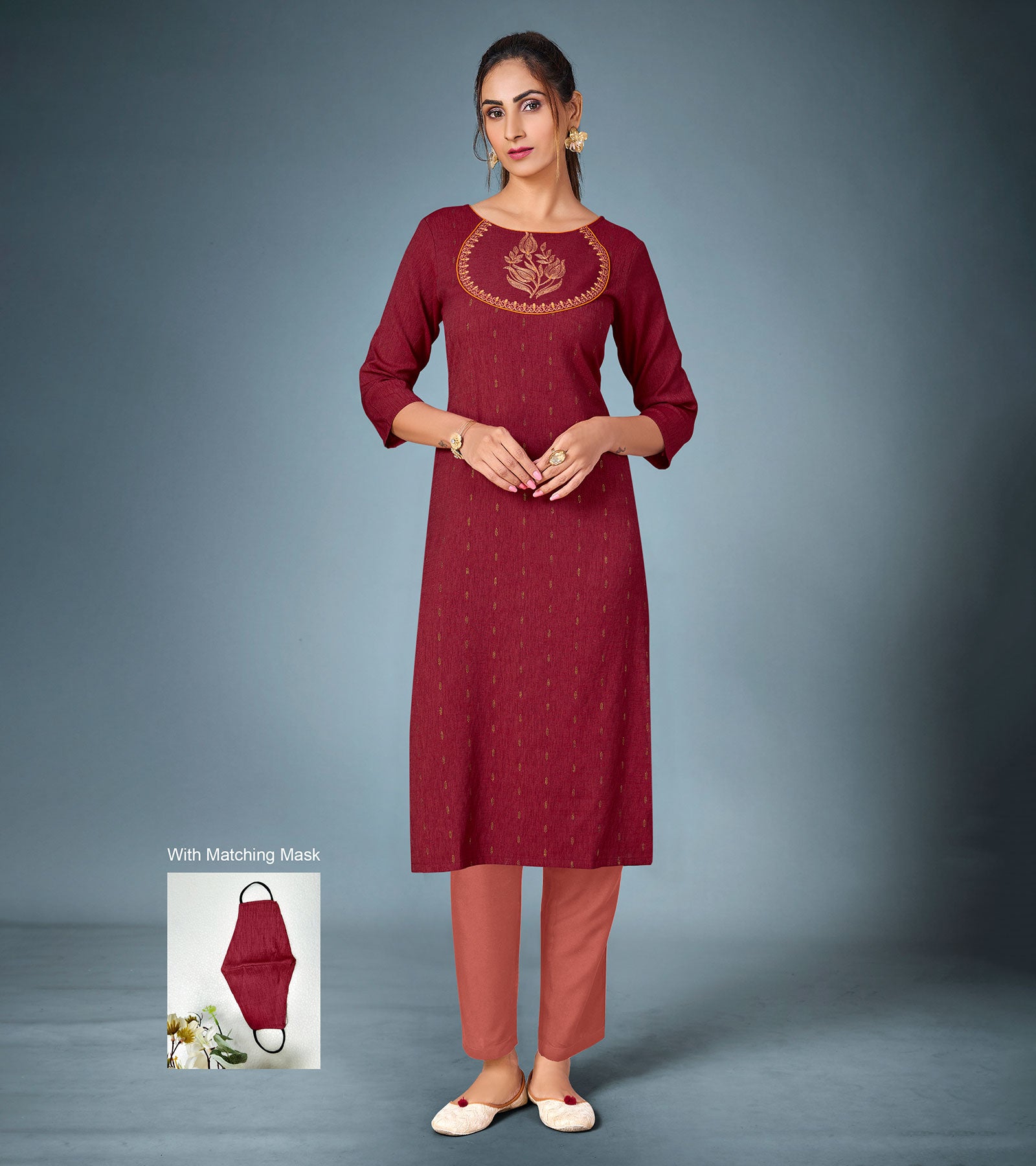 Laxmipati Cotton Mehron Straight Cut Kurti With Pant & Mask