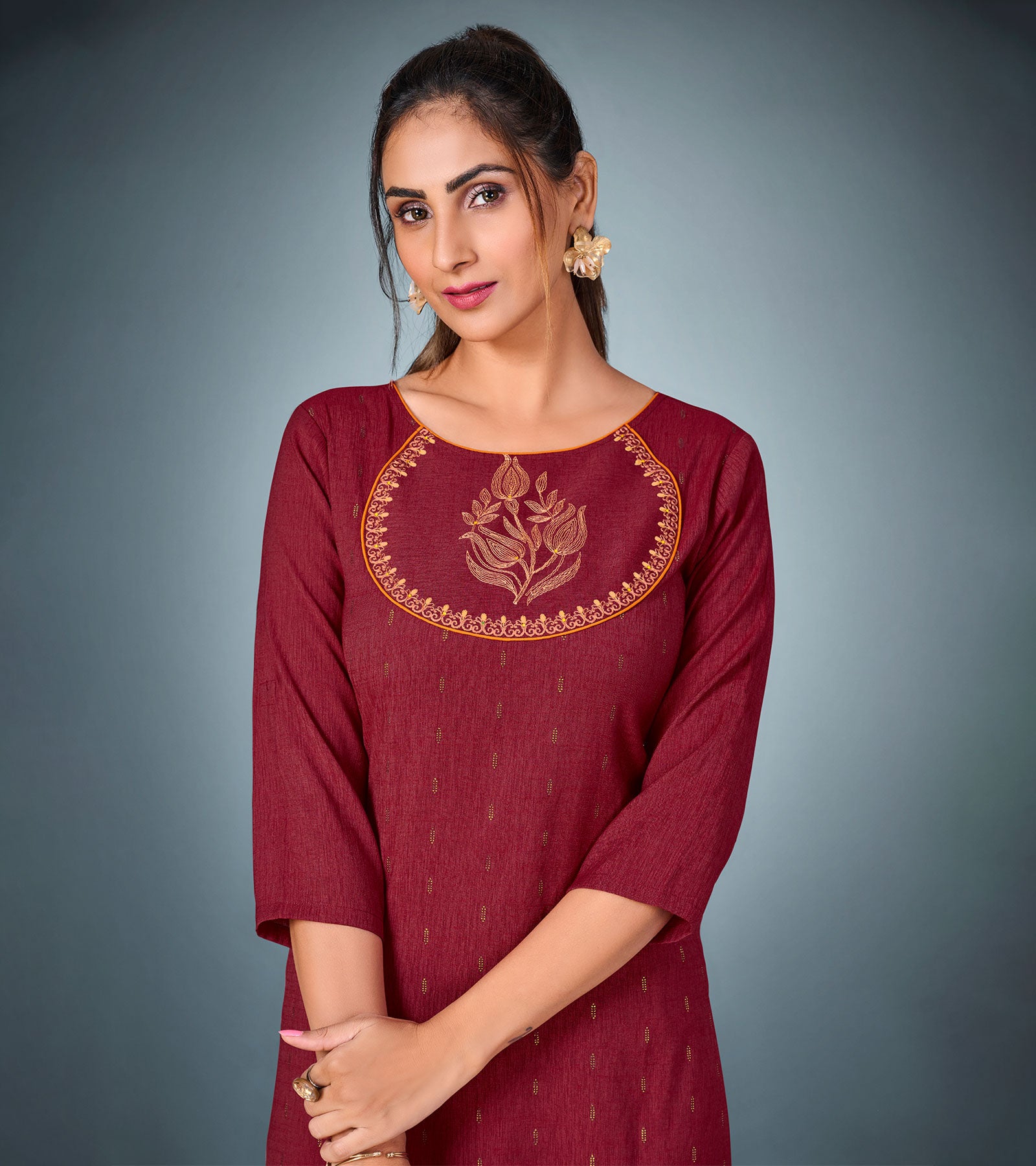 Laxmipati Cotton Mehron Straight Cut Kurti With Pant & Mask