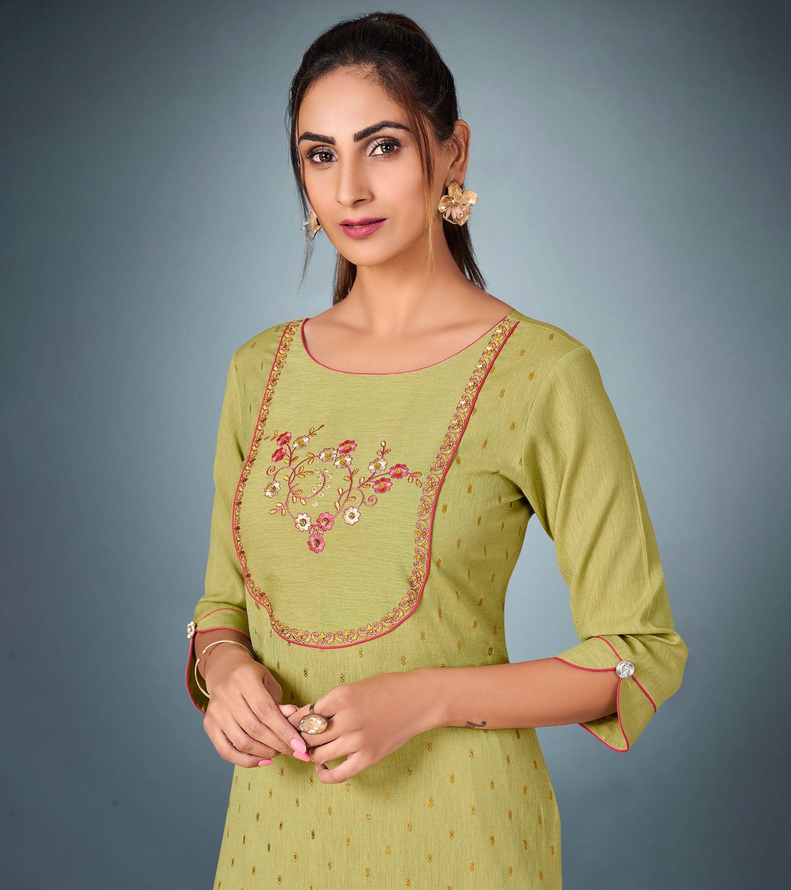 Laxmipati Cotton Pista Green Straight Cut Kurti With Pant & Mask