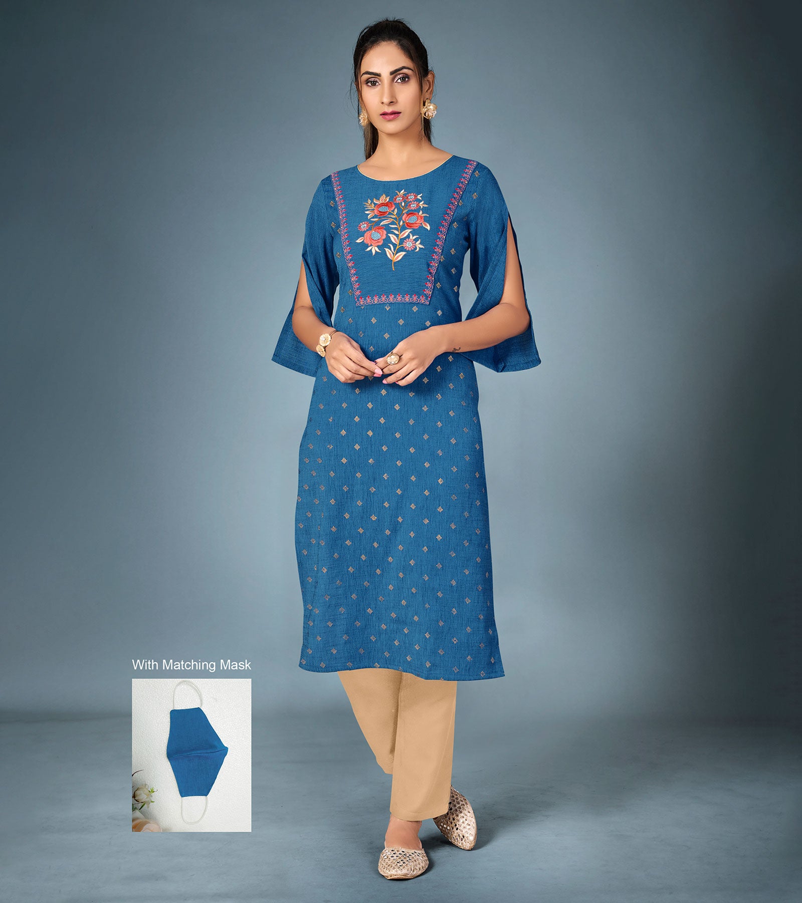 Laxmipati Cotton Sand Blue Straight Cut Kurti With Pant & Mask