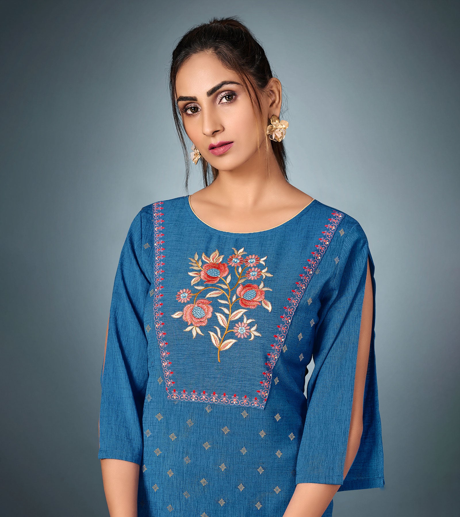 Laxmipati Cotton Sand Blue Straight Cut Kurti With Pant & Mask