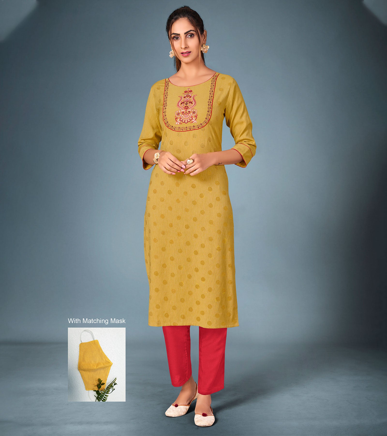 Laxmipati Cotton Musturd Straight Cut Kurti With Pant & Mask
