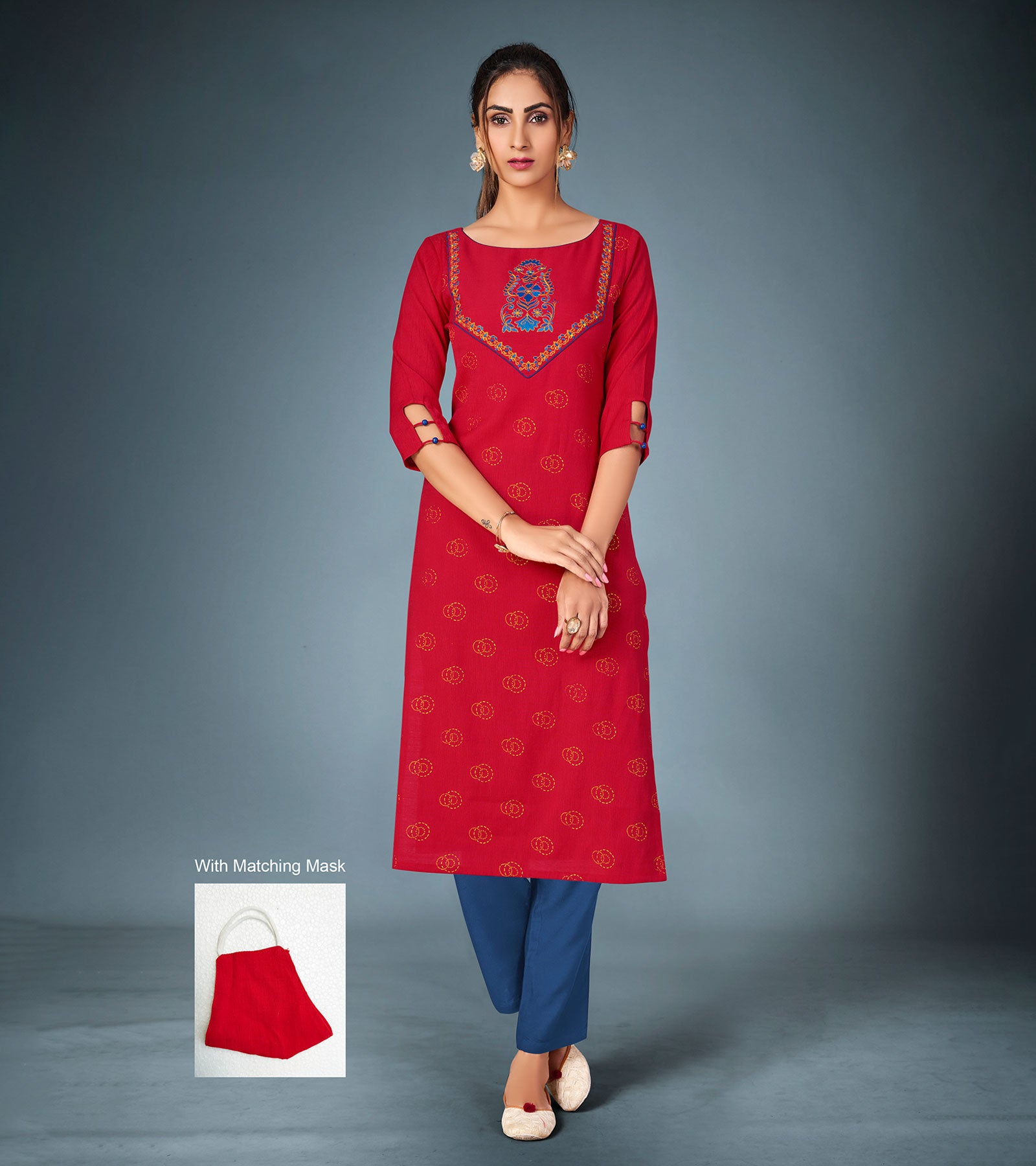 Laxmipati Cotton Hot Red Straight Cut Kurti With Pant & Mask