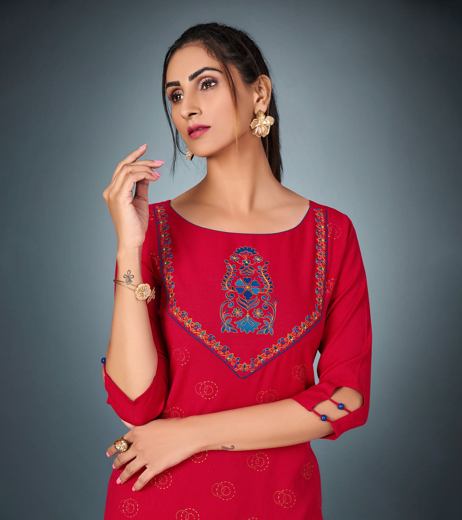Laxmipati Cotton Hot Red Straight Cut Kurti With Pant & Mask