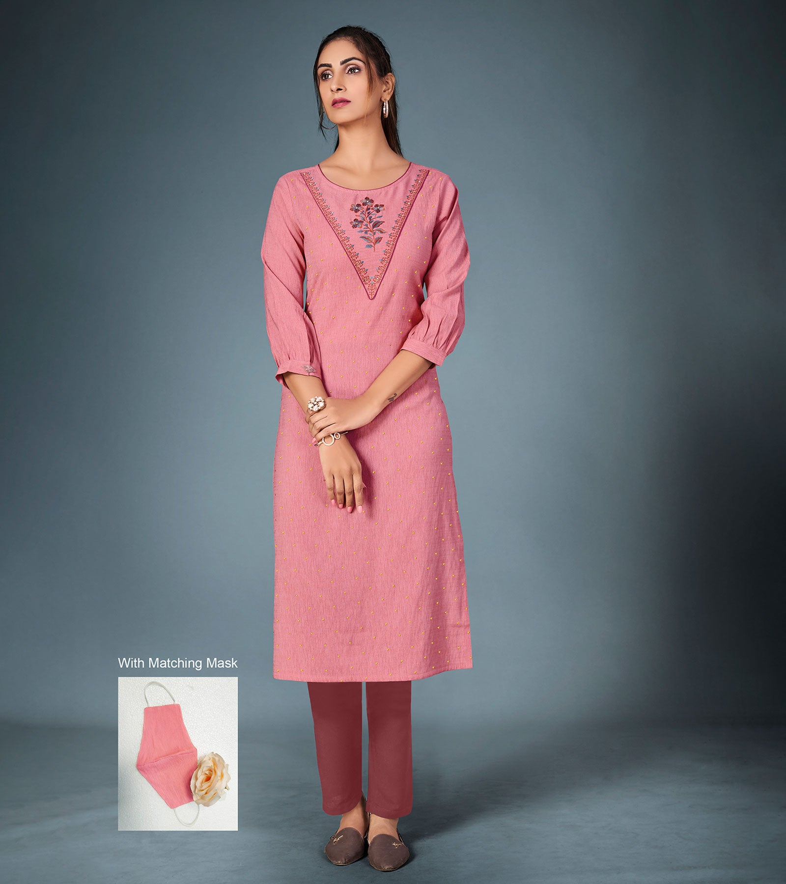 Laxmipati Cotton Slint Pink Straight Cut Kurti With Pant & Mask