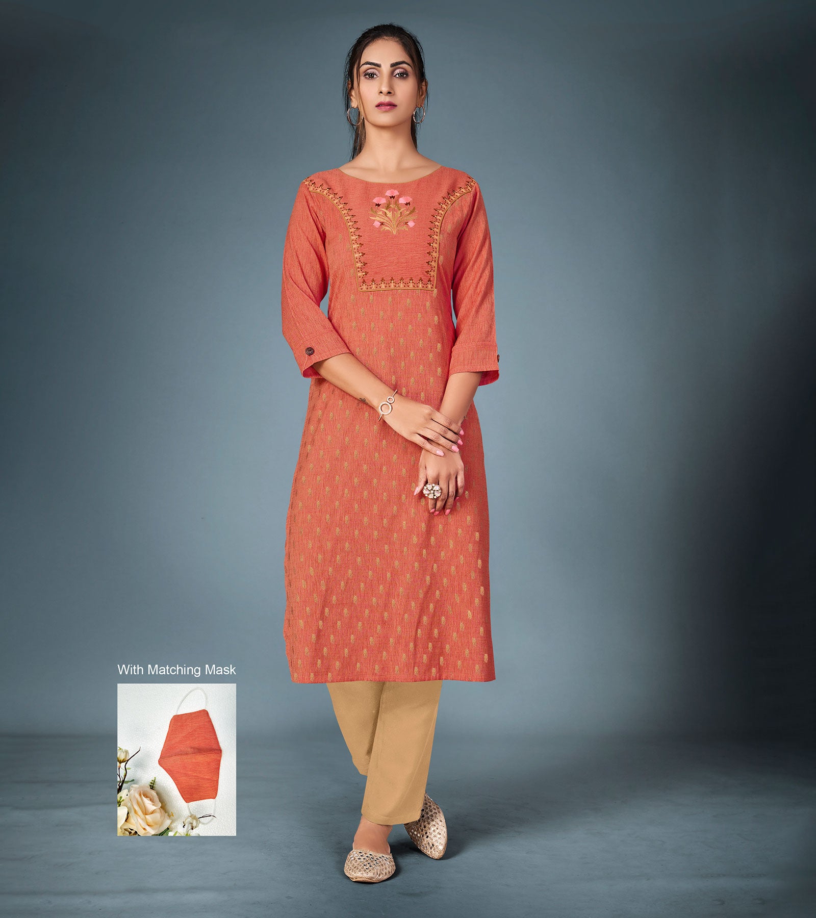 Laxmipati Cotton Rust Orange Straight Cut Kurti With Pant & Mask