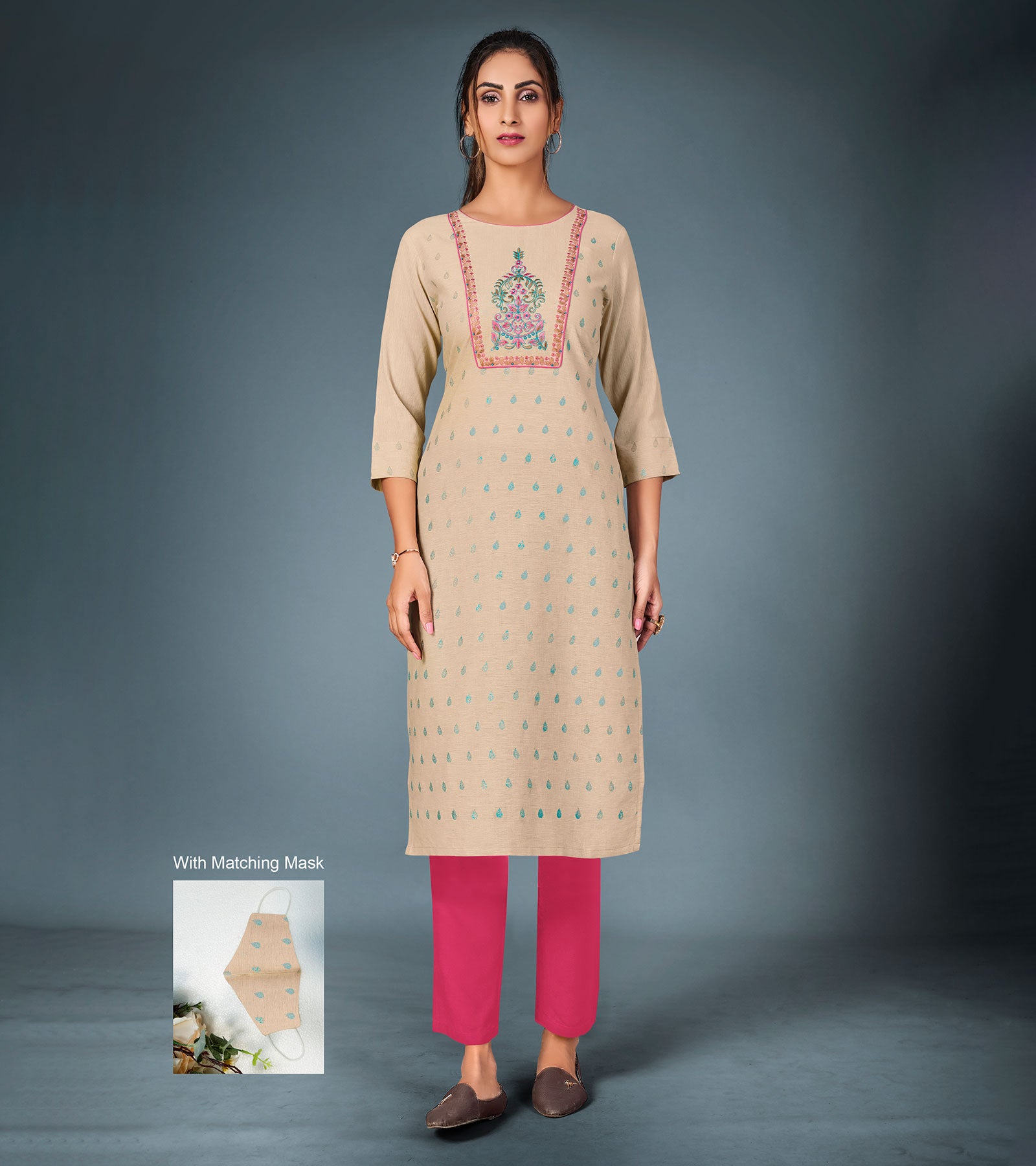 Laxmipati Cotton Light Beize Straight Cut Kurti With Pant & Mask