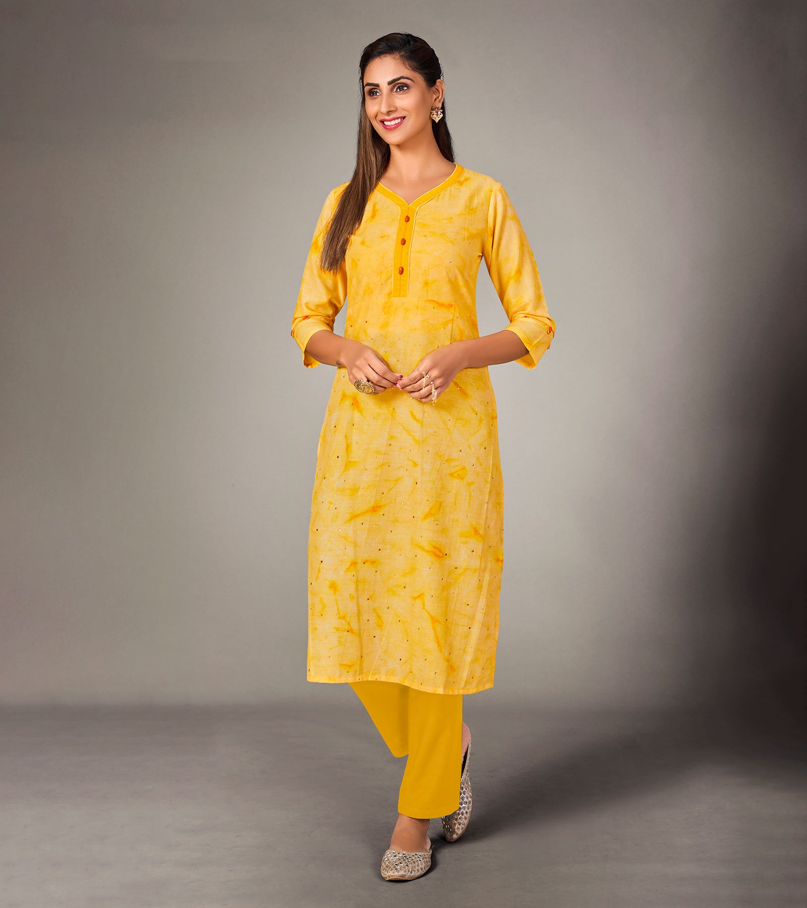 Laxmipati Mosul Cotton Corn Yellow Straight Cut Kurti With Pant & Mask