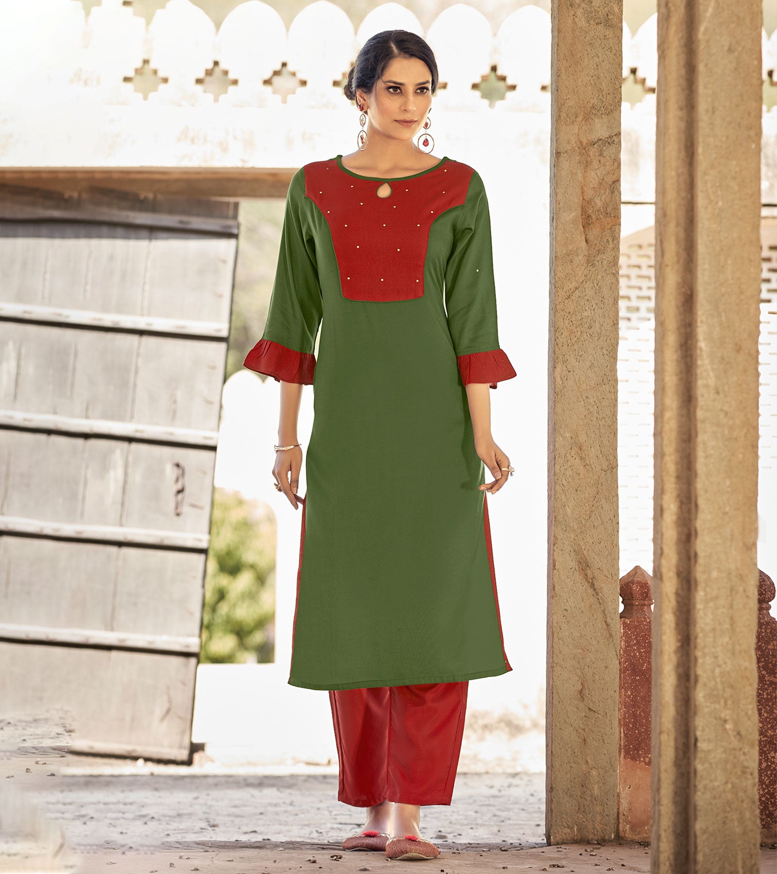 Laxmipati Ayon Grasshopper Green Straight Cut Kurti With Self Textured Work