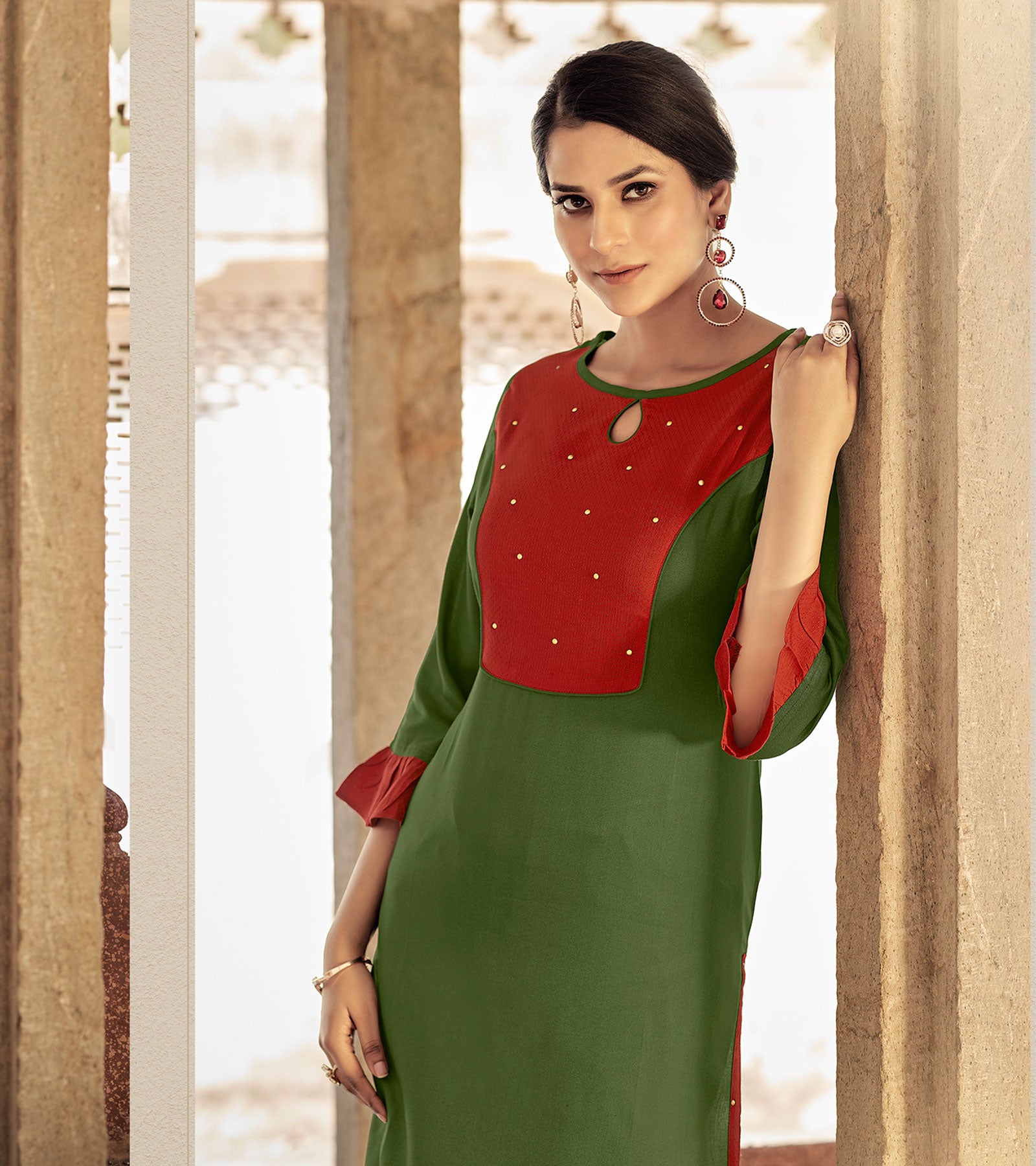 Laxmipati Ayon Grasshopper Green Straight Cut Kurti With Self Textured Work