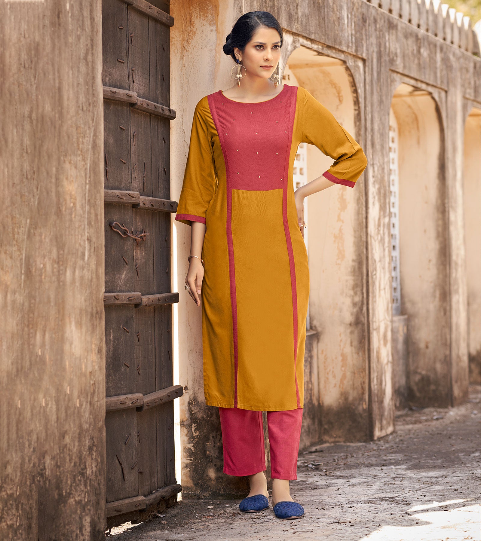 Laxmipati Ayon Flame Mustard Straight Cut Kurti With Self Textured Work