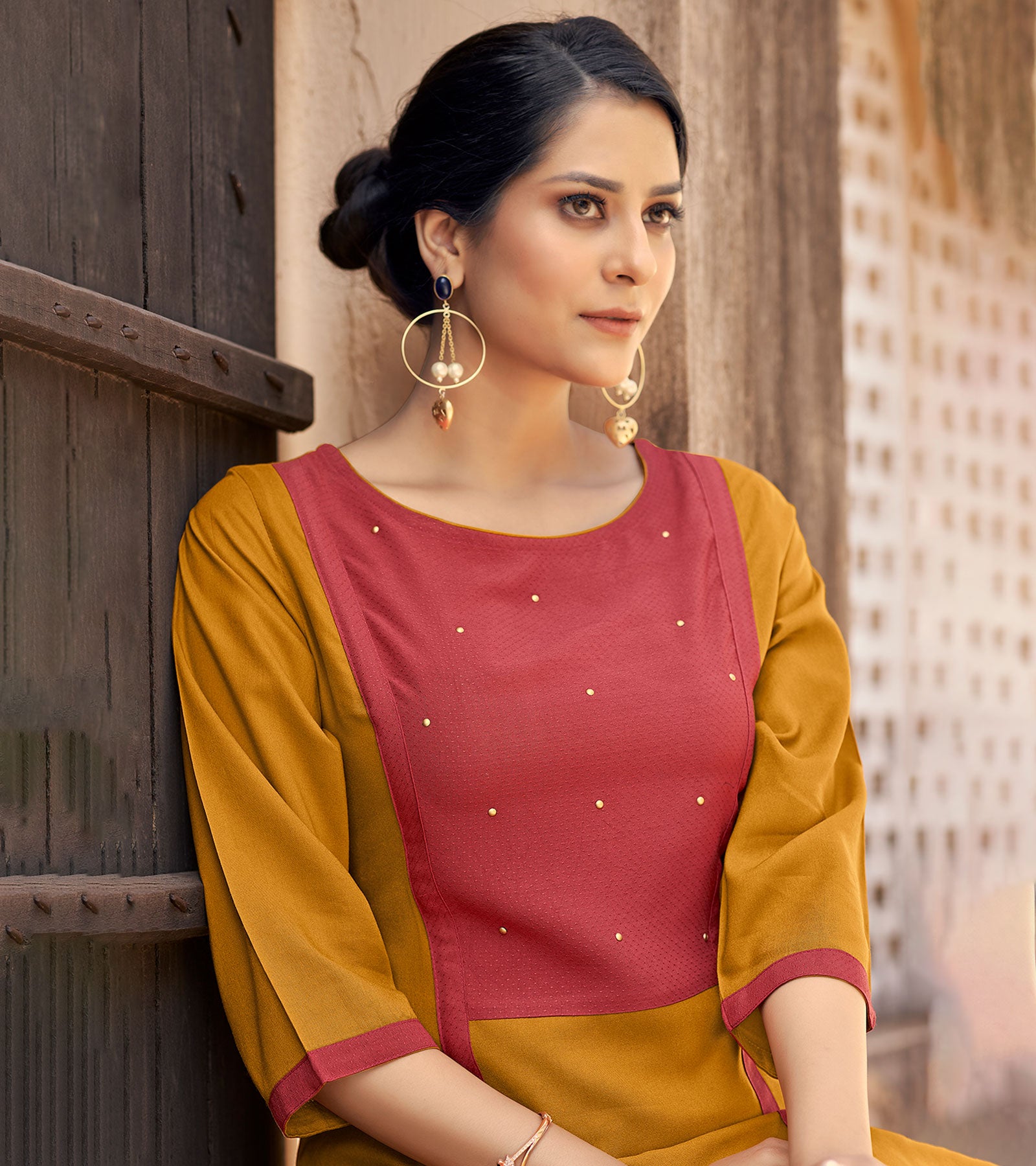 Laxmipati Ayon Flame Mustard Straight Cut Kurti With Self Textured Work