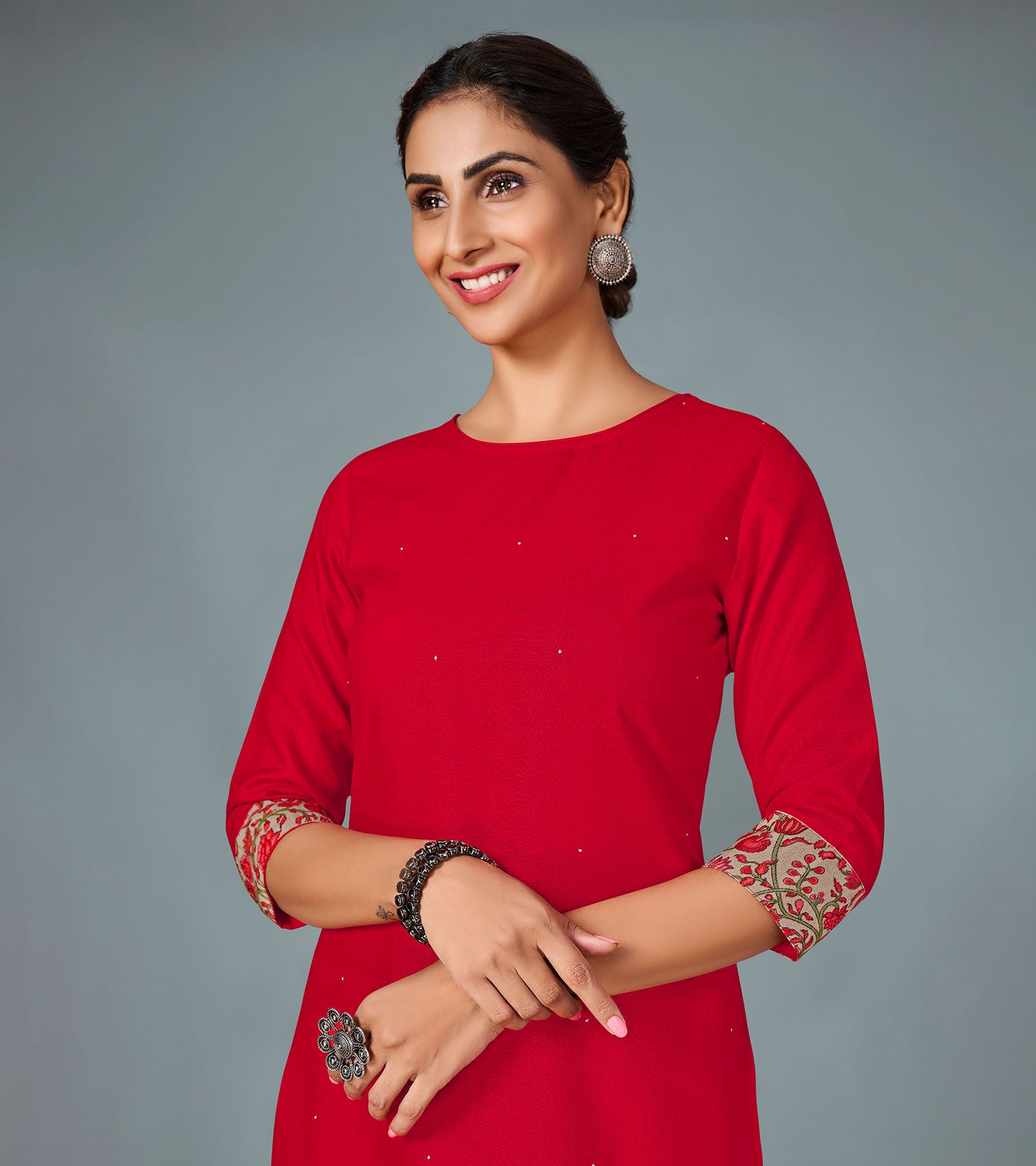 Laxmipati Cotton Viscose Hot Red Straight Cut Kurti With Mask