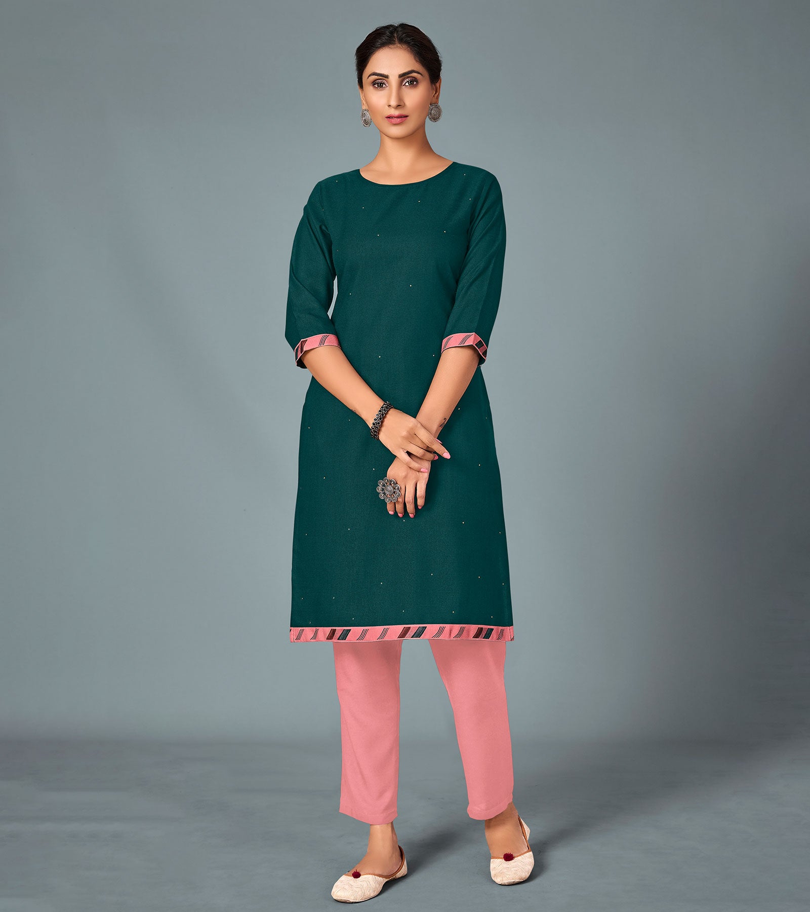 Laxmipati Cotton Viscose Deep Bluish Green Straight Cut Kurti With Mask