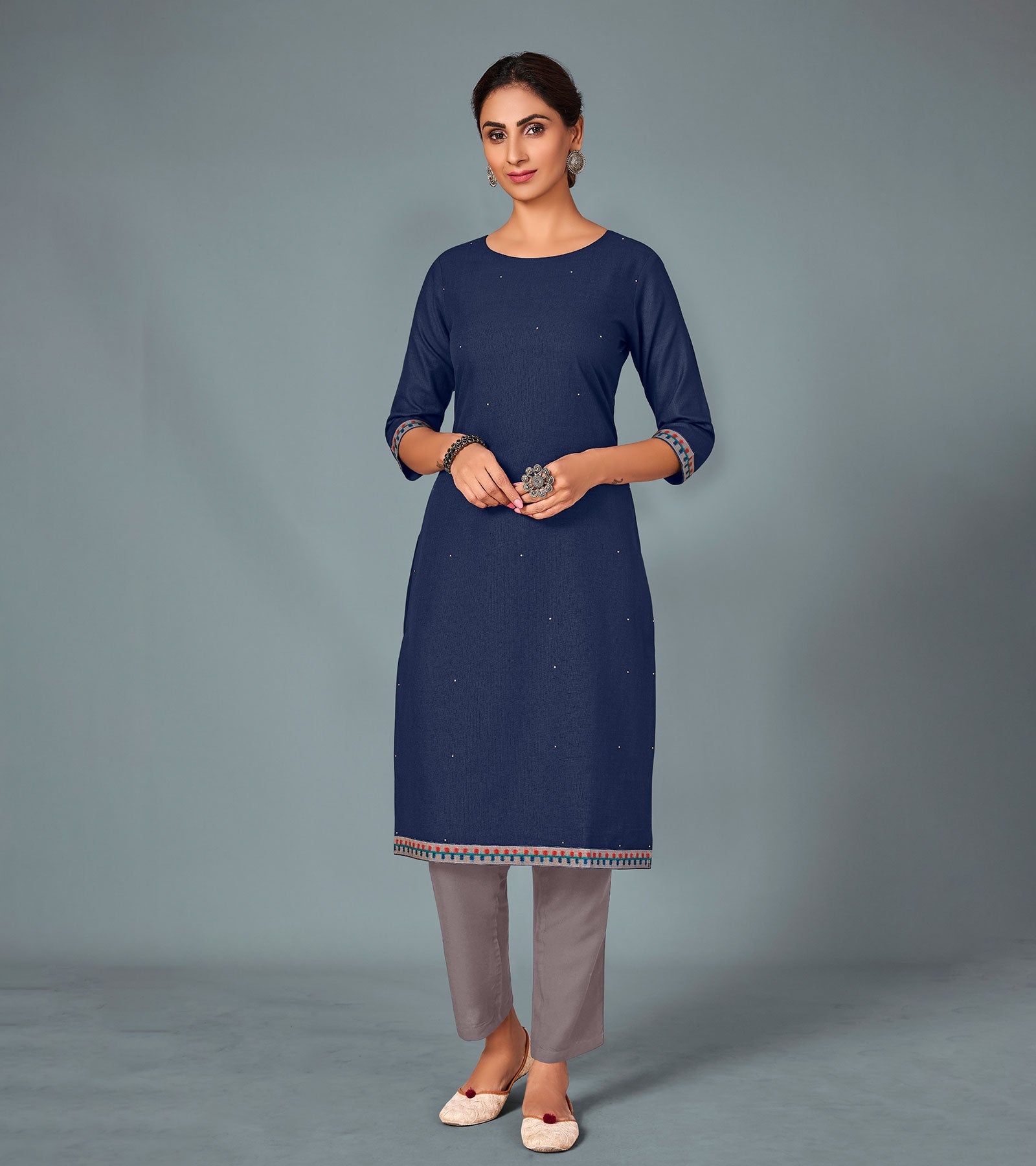 Laxmipati Cotton Viscose Navy Blue Straight Cut Kurti With Mask