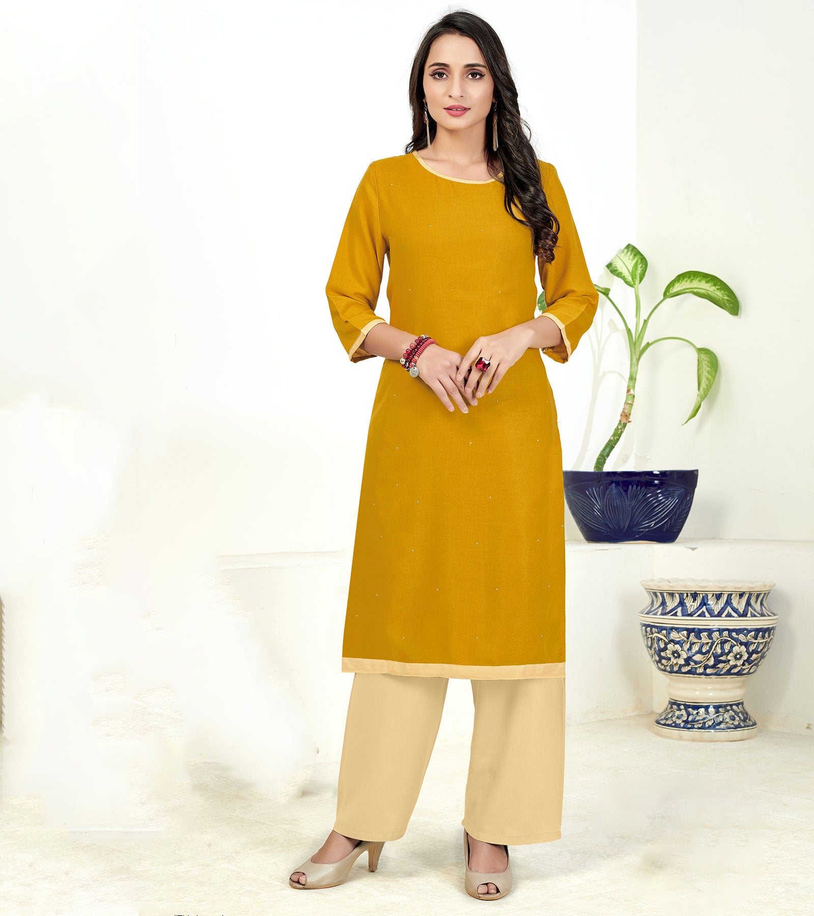 Laxmipati Poli Candy Gold Yellow Straight Cut Kurti With Mask