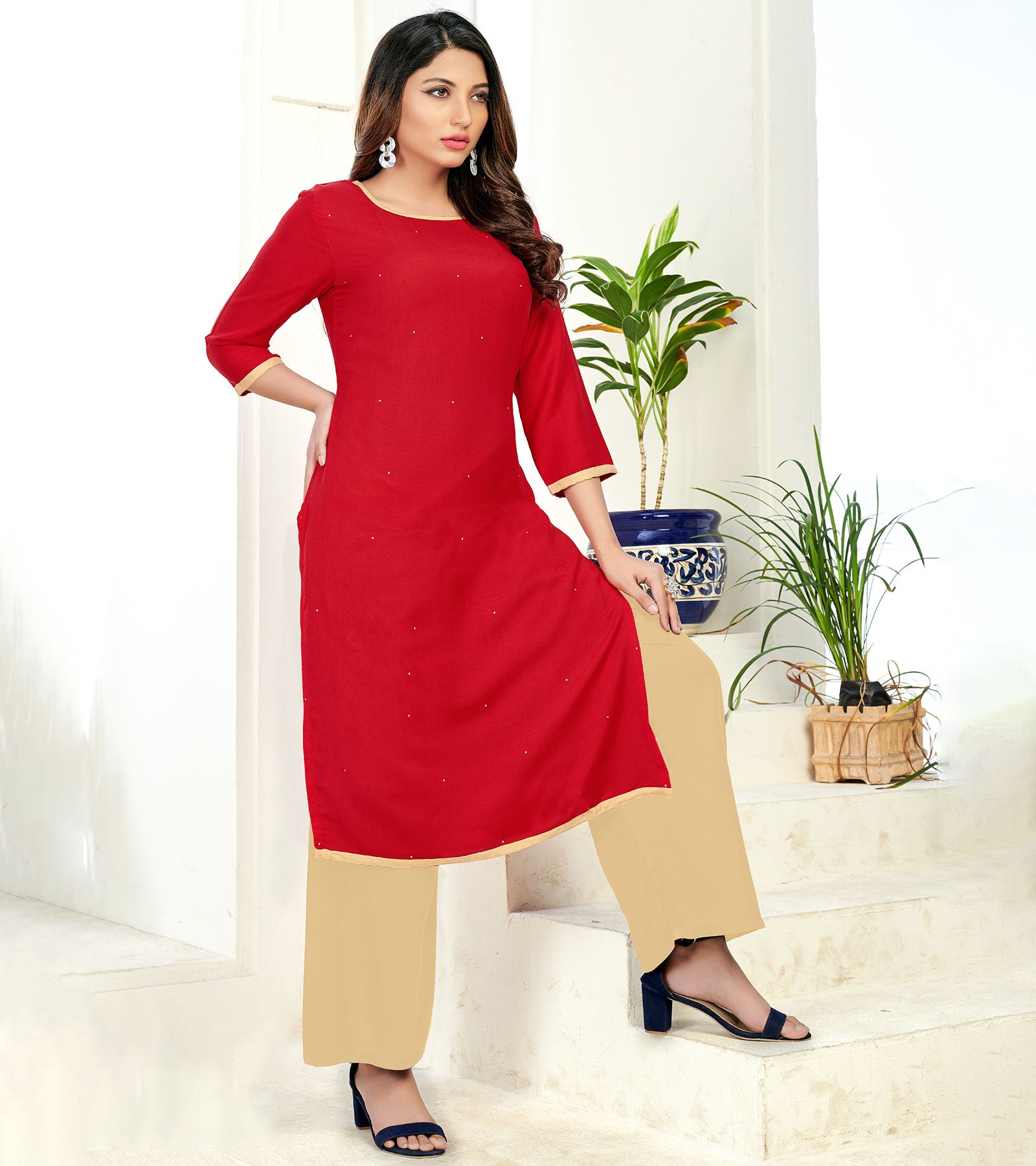 Laxmipati Poli Candy Chilly Red Straight Cut Kurti With Mask