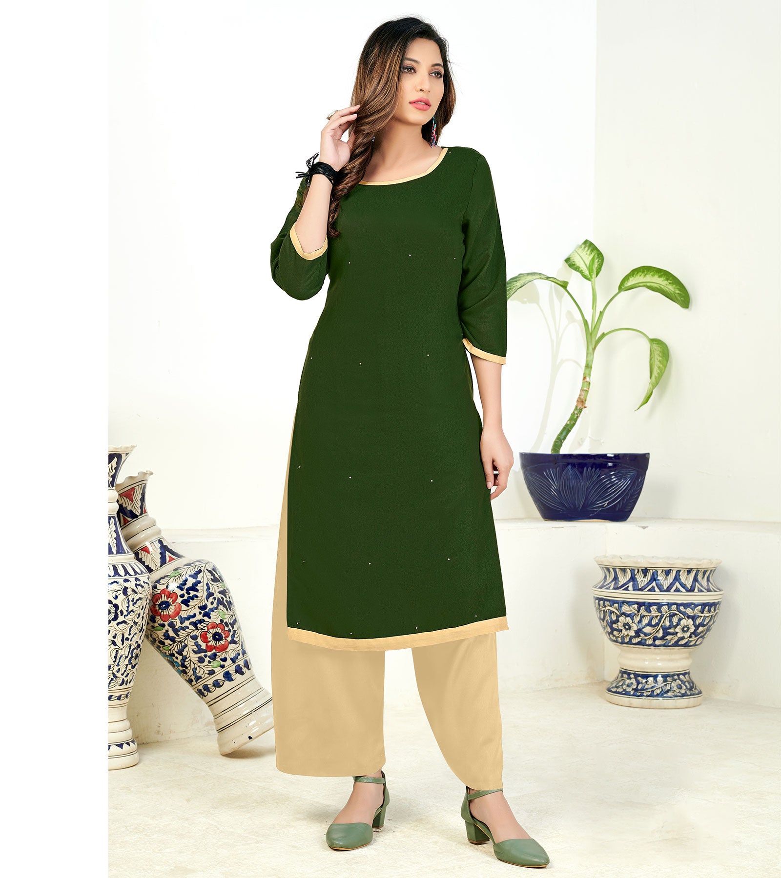 Laxmipati Poli Candy Heena Green Straight Cut Kurti With Mask