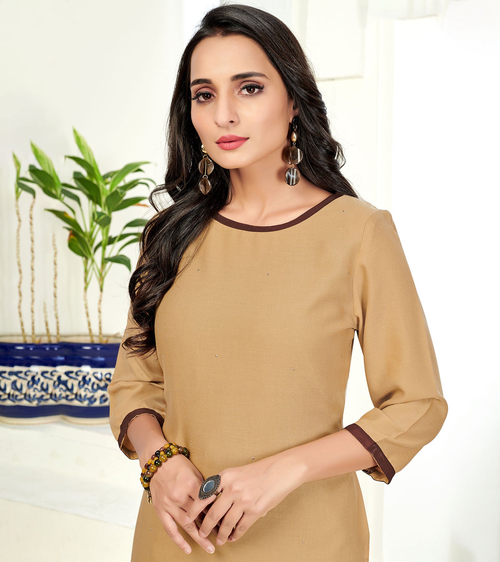 Laxmipati Poli Candy Ginger Brown Straight Cut Kurti With Mask