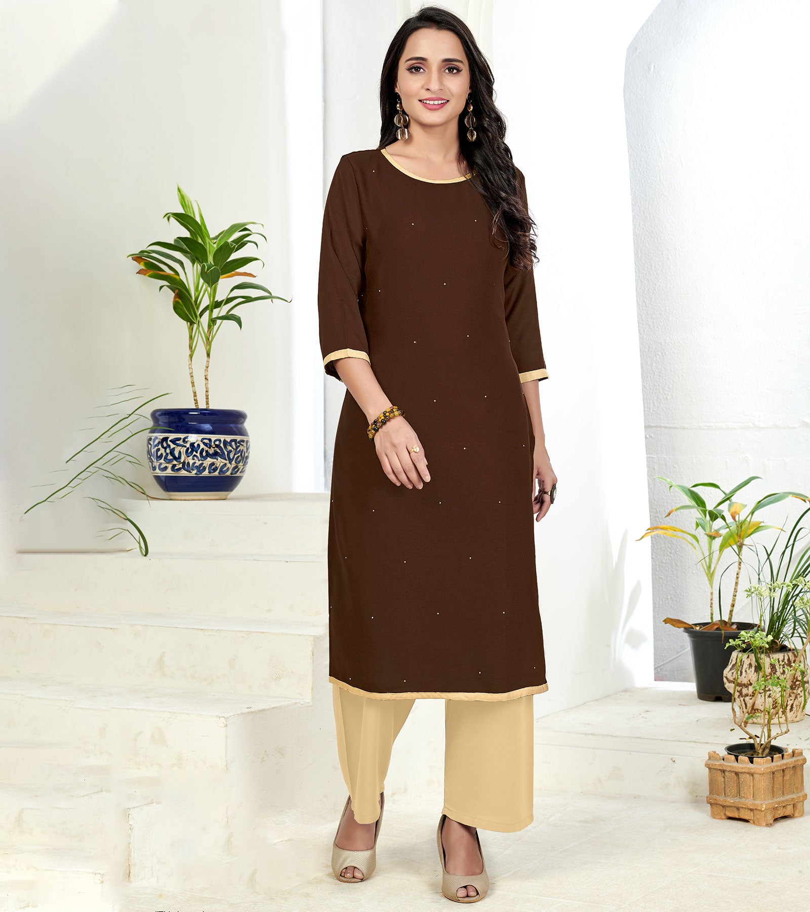 Laxmipati Poli Candy Chocolate Brown Straight Cut Kurti With Mask