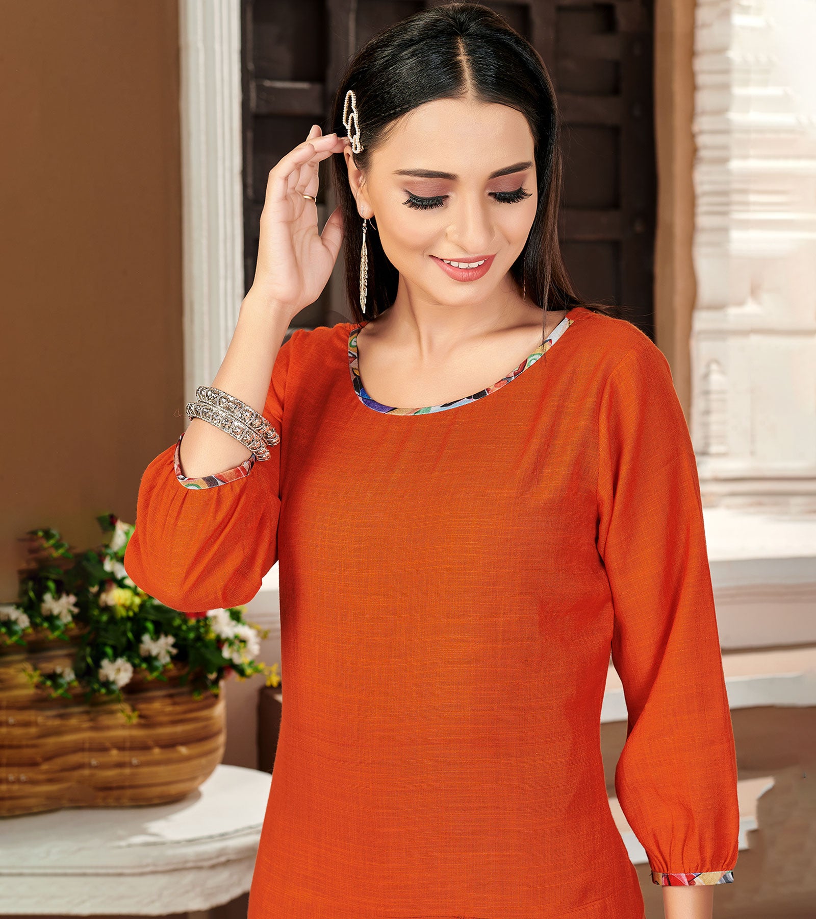 Laxmipati Lamten Linen Irish Orange Straight Cut Kurti With Mask