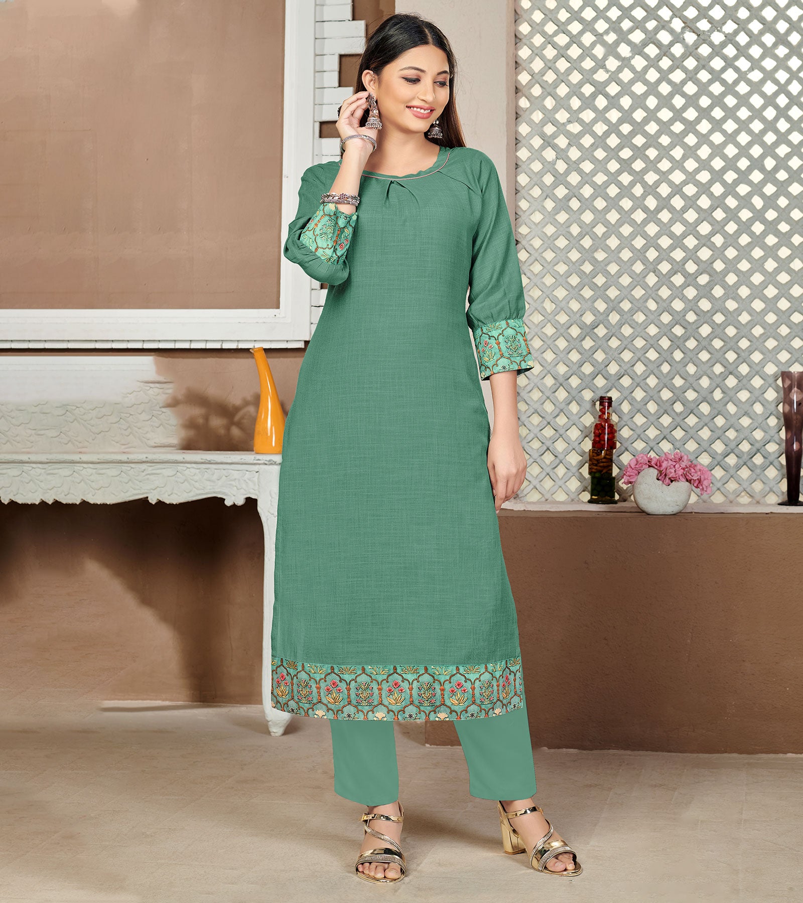 Laxmipati Lamten Linen Ilayachi Green Straight Cut Kurti With Mask