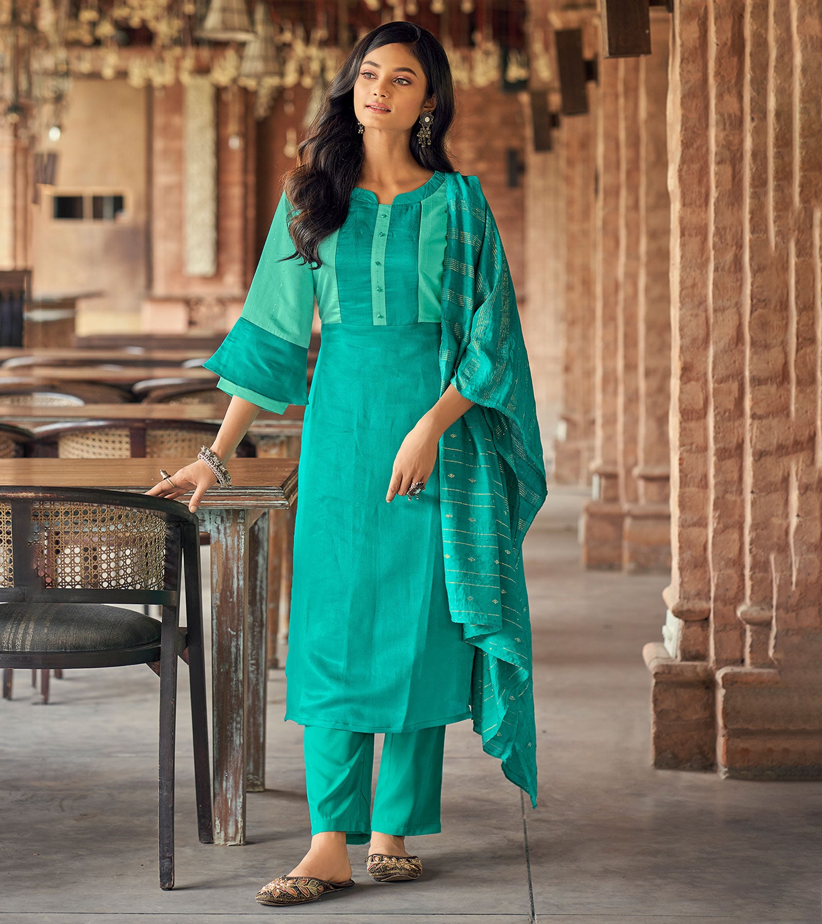 Laxmipati Gopika BU_2 Linen Chanderi Teal Cut Kurti With Pant And Dupatta