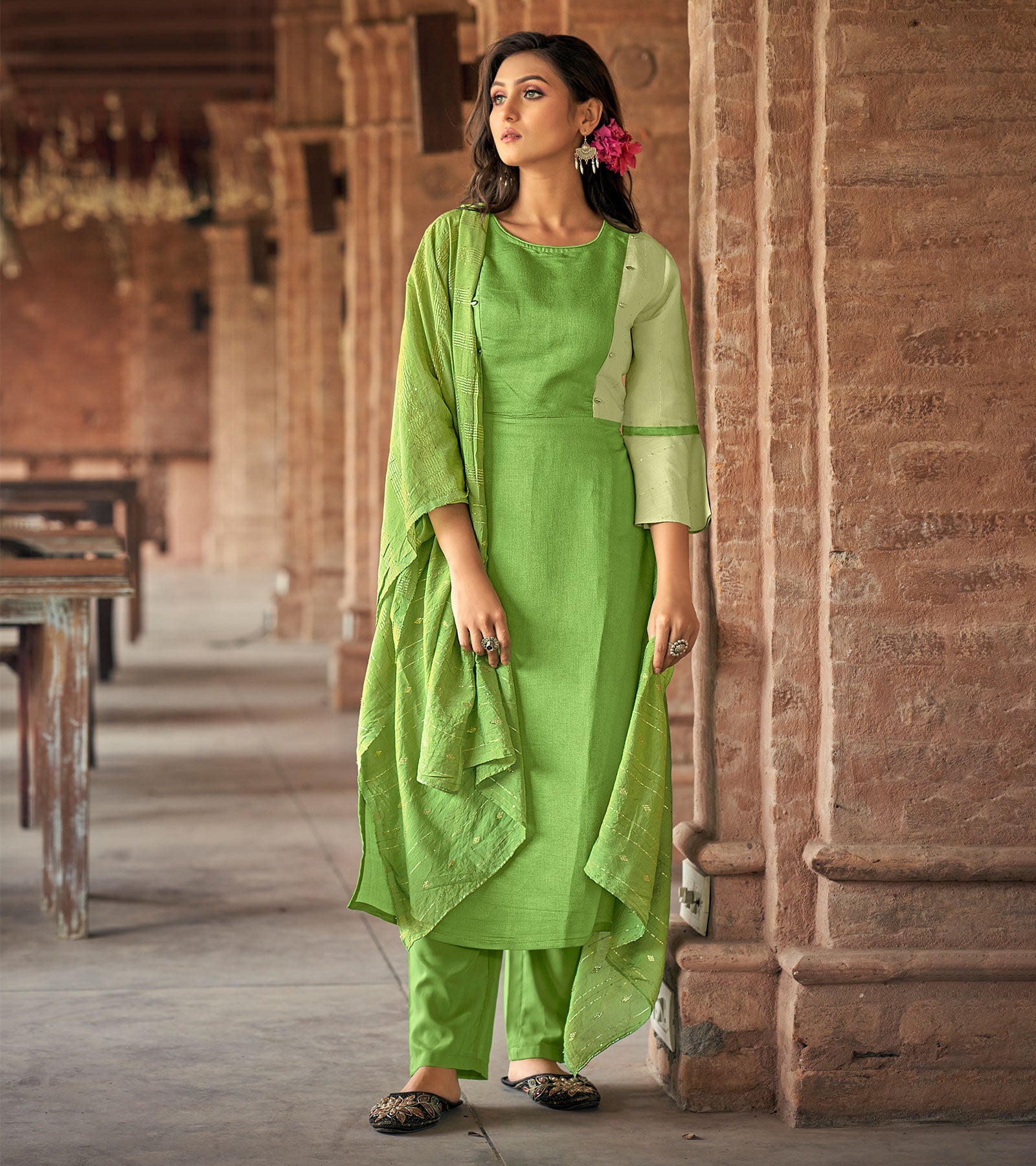 Laxmipati Gopika BU_4 Linen Chanderi Teal Kurti, Pant With Dupatta