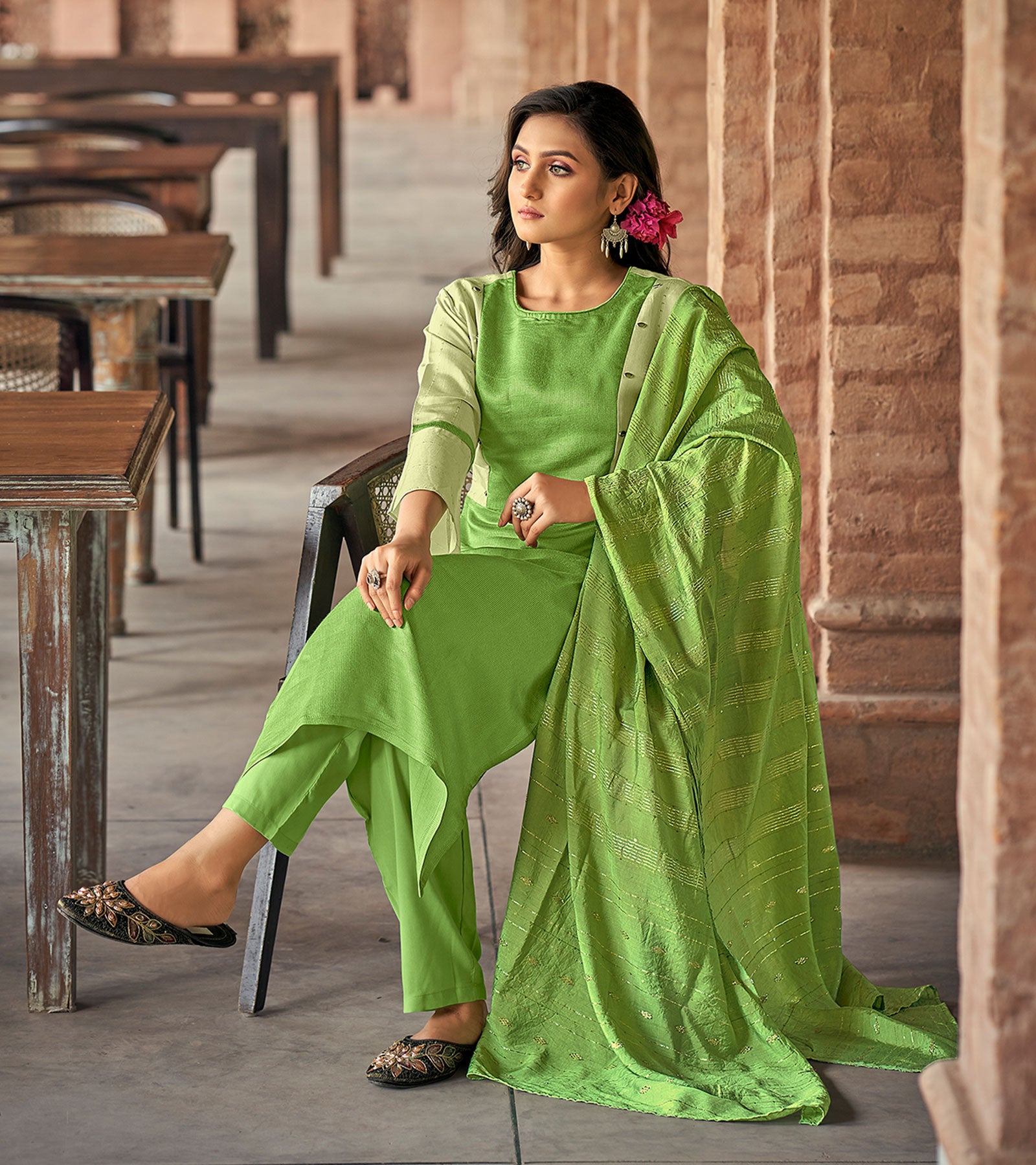 Laxmipati Gopika BU_4 Linen Chanderi Teal Kurti, Pant With Dupatta