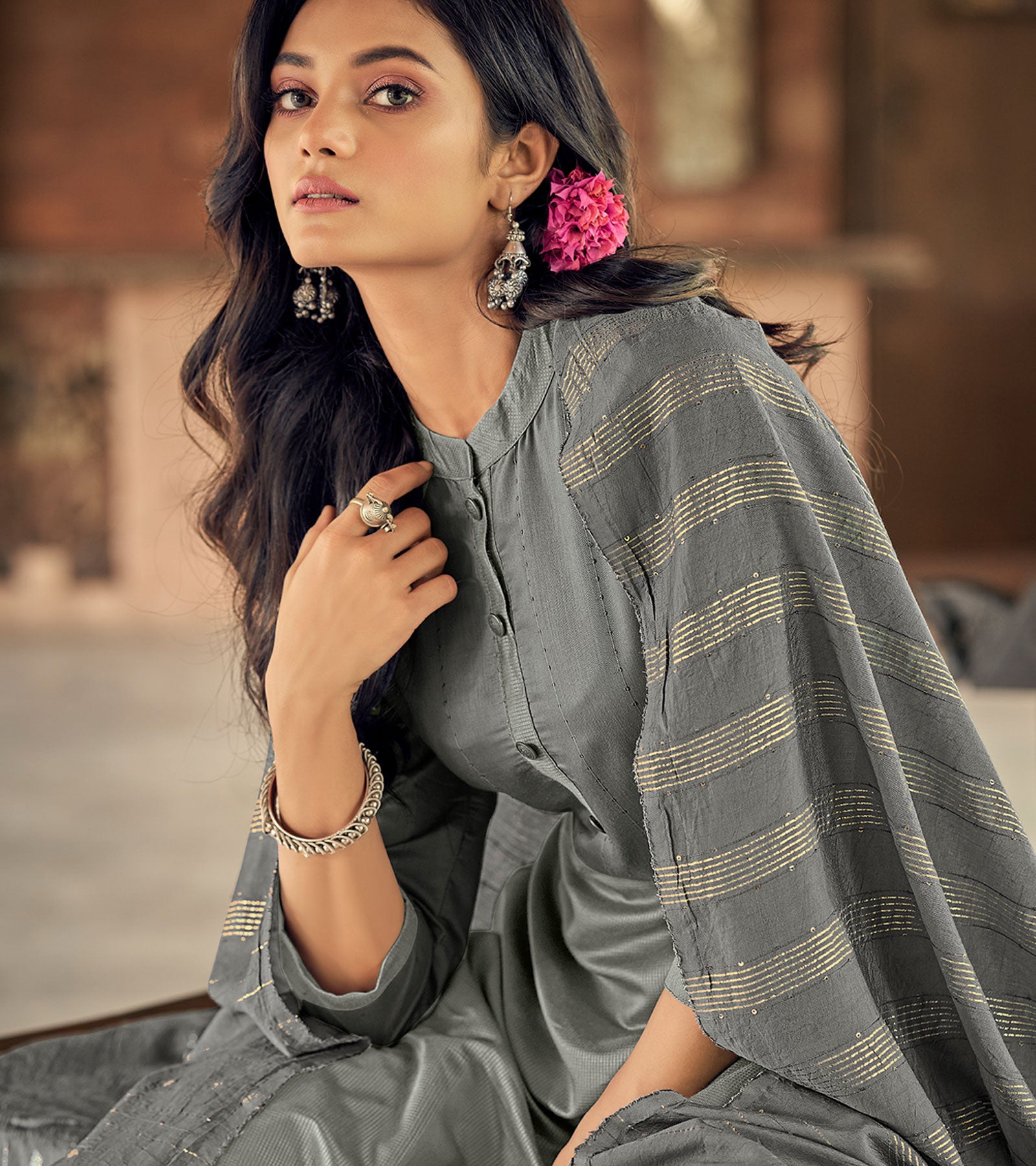 Laxmipati Pure Chanderi Shadow Grey Straight Cut Kurti With Pant And Dupatta