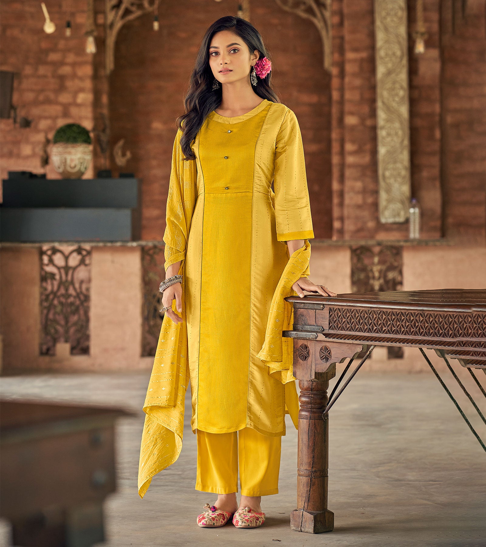 Laxmipati Gopika BU_6 Linen Chanderi Yellow Straight Cut Kurti With Pant And Dupatta