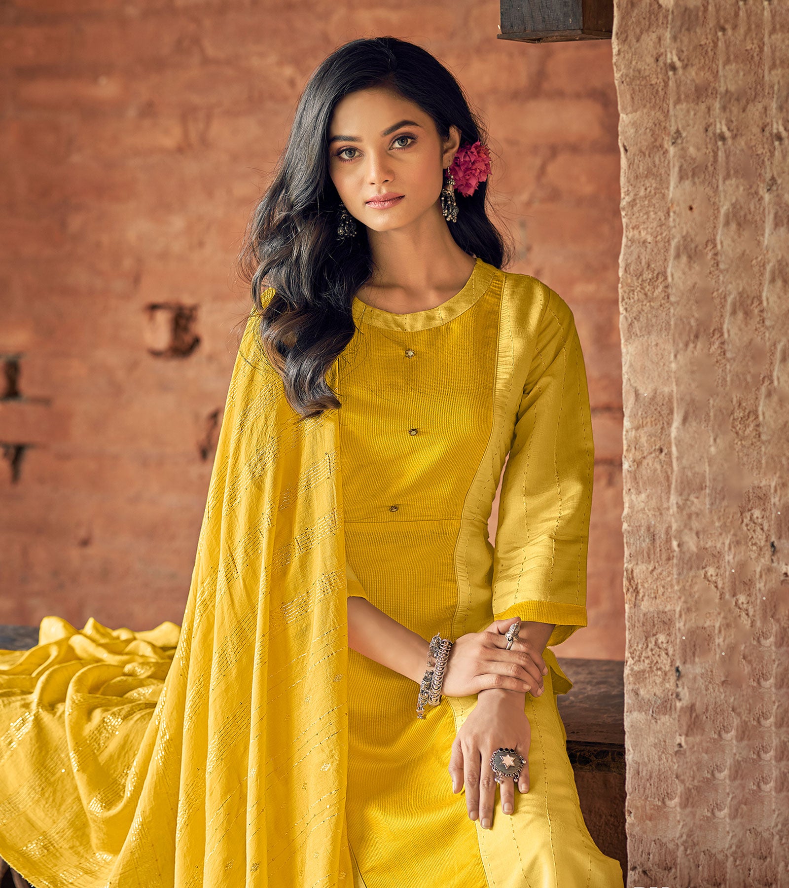 Laxmipati Gopika BU_6 Linen Chanderi Yellow Straight Cut Kurti With Pant And Dupatta