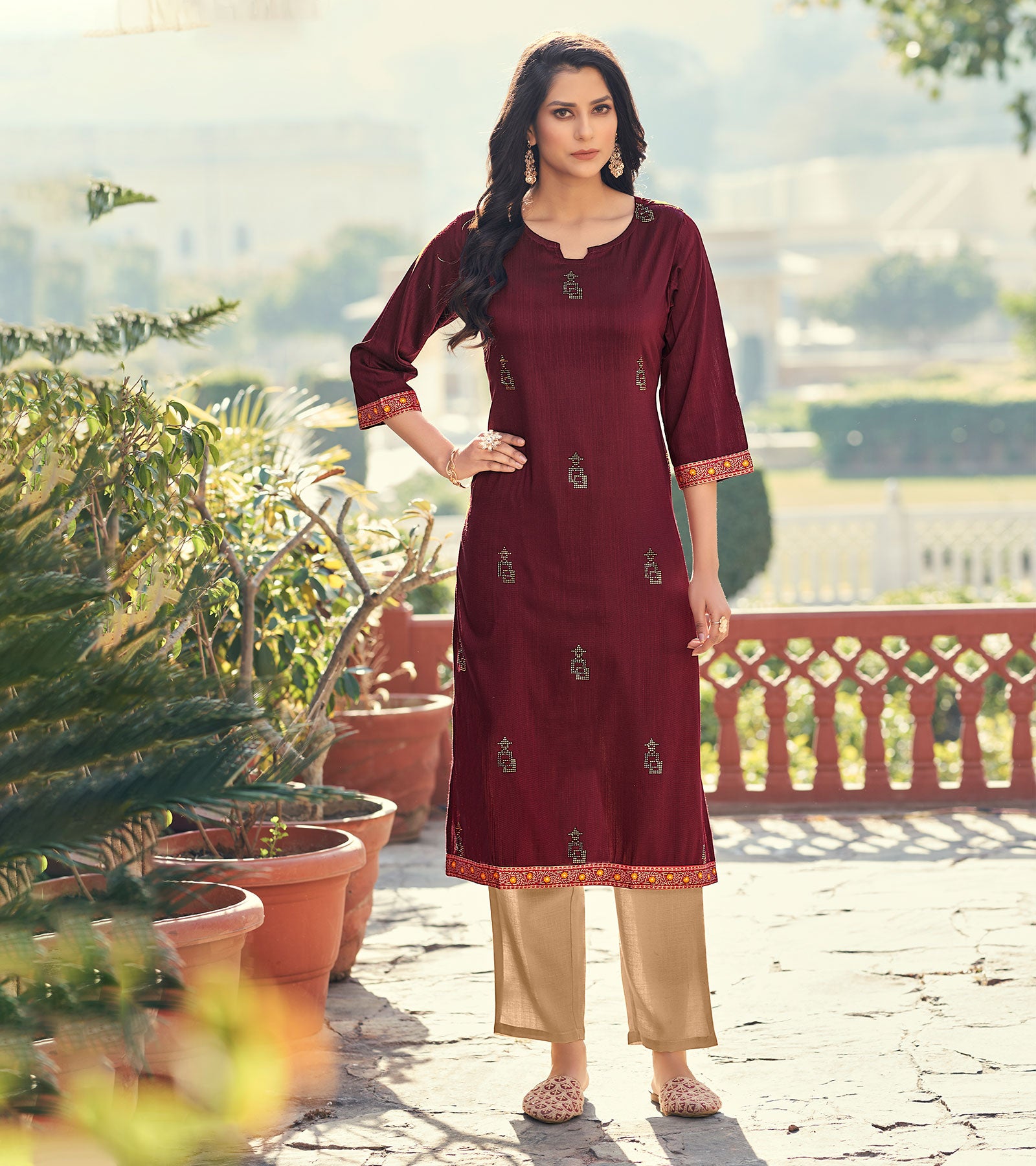 Laxmipati Rayon Slub Mahogany Maroon Straight Cut Kurti With Mask