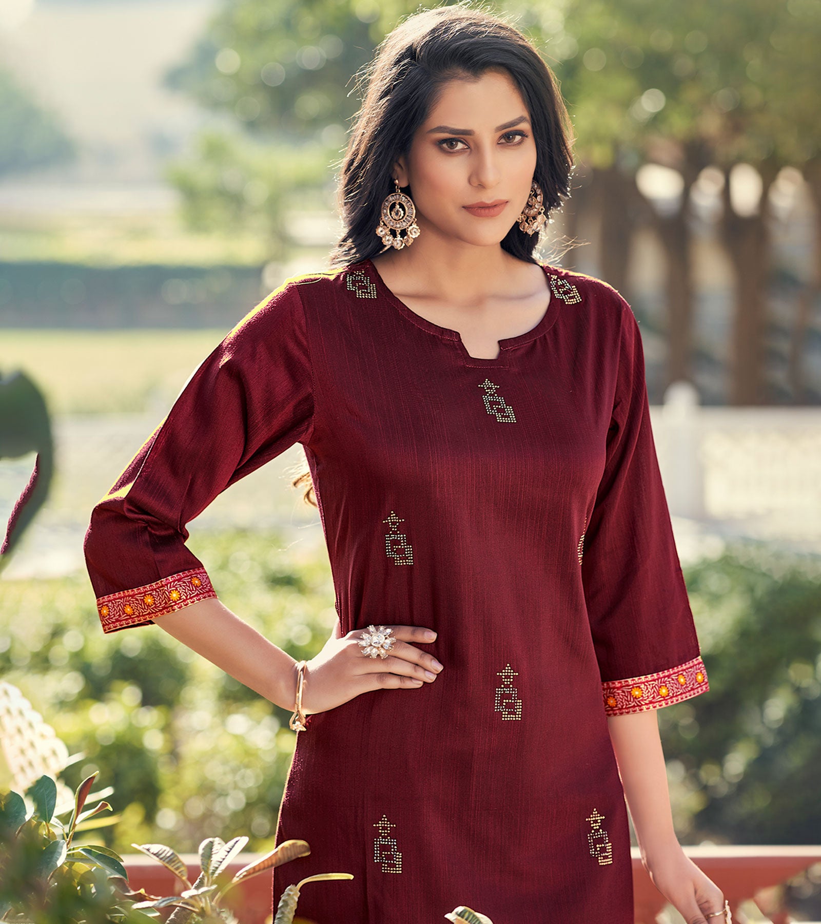 Laxmipati Rayon Slub Mahogany Maroon Straight Cut Kurti With Mask