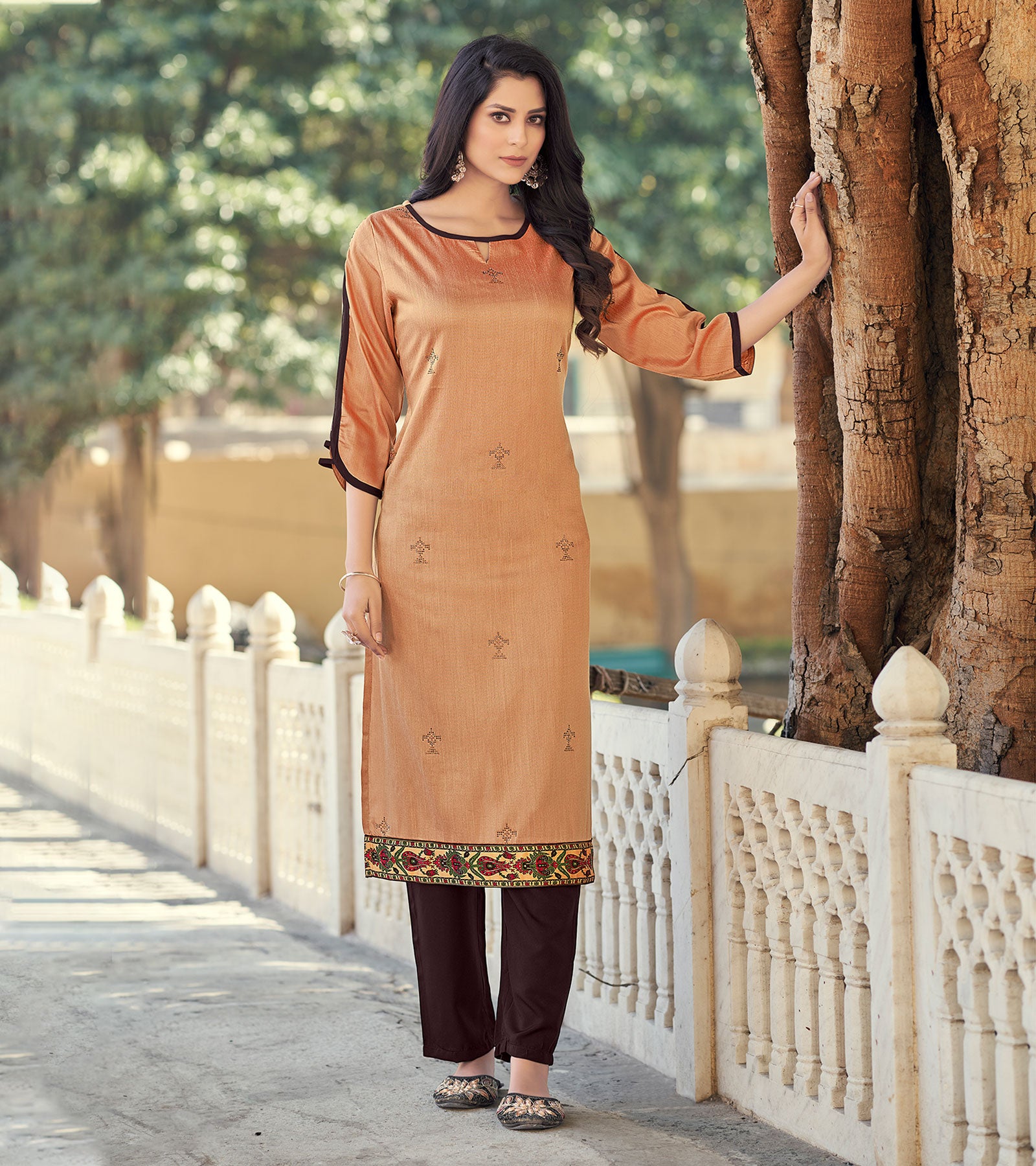 Laxmipati Rayon Slub Rust Brown Straight Cut Kurti With Mask