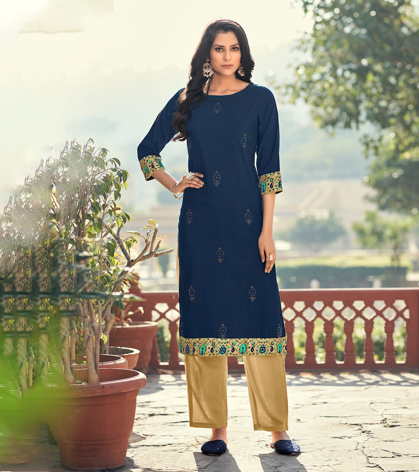 Laxmipati Rayon Slub Royal Blue Straight Cut Kurti With Mask
