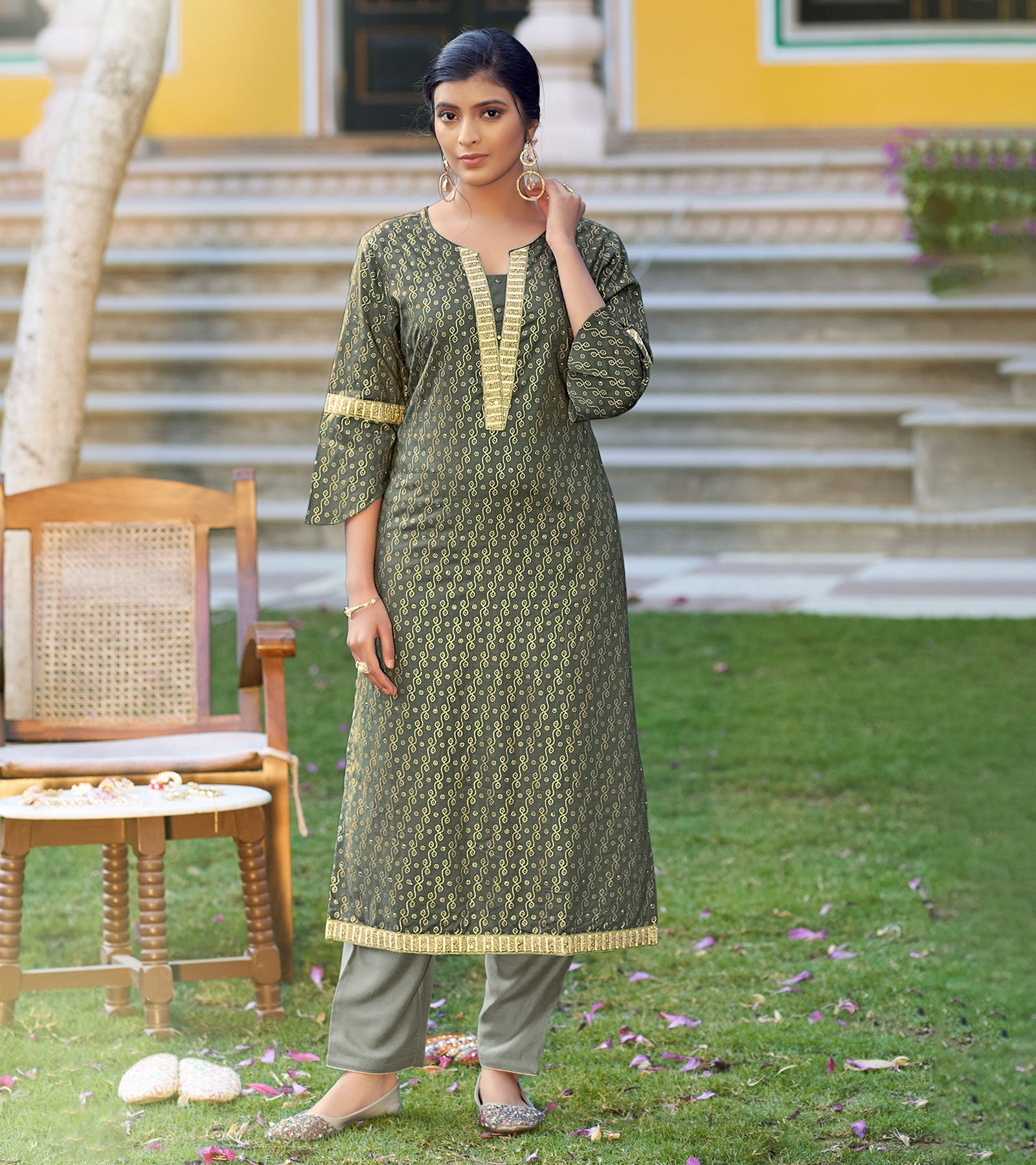 LAXMIPATI VISCOSE SLUB HEENA GREEN STRAIGHT CUT KURTI WITH PANT