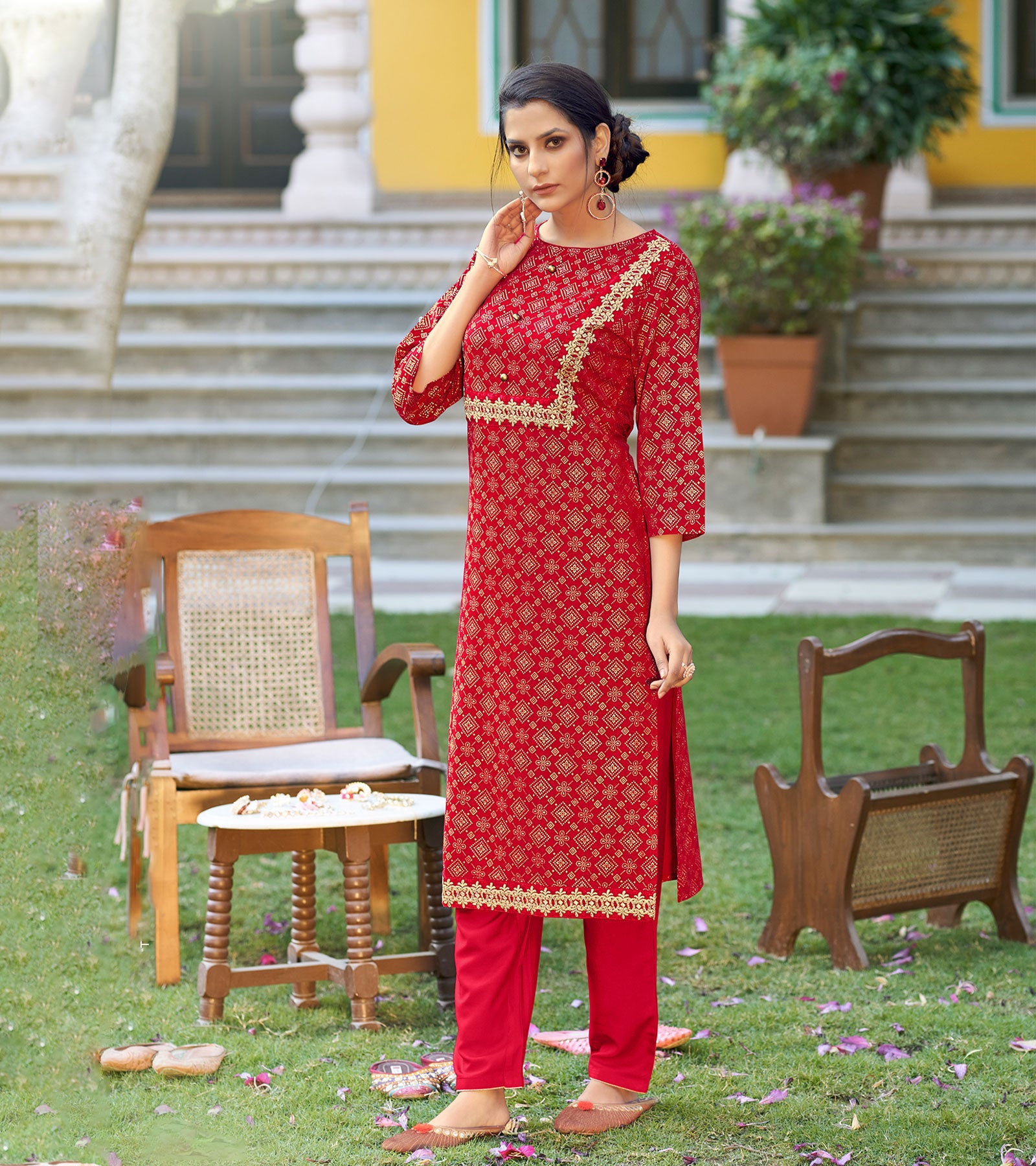 LAXMIPATI VISCOSE SLUB RED STRAIGHT CUT KURTI WITH PANT