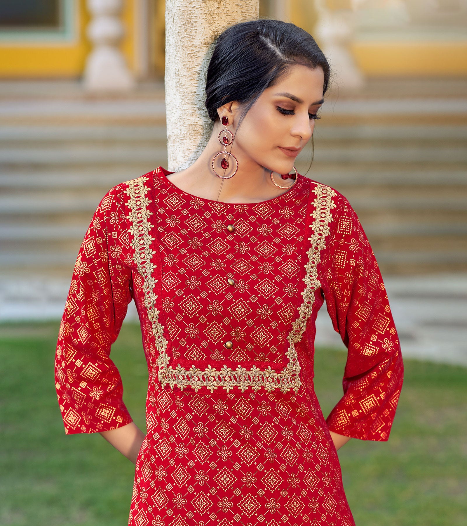 LAXMIPATI VISCOSE SLUB RED STRAIGHT CUT KURTI WITH PANT