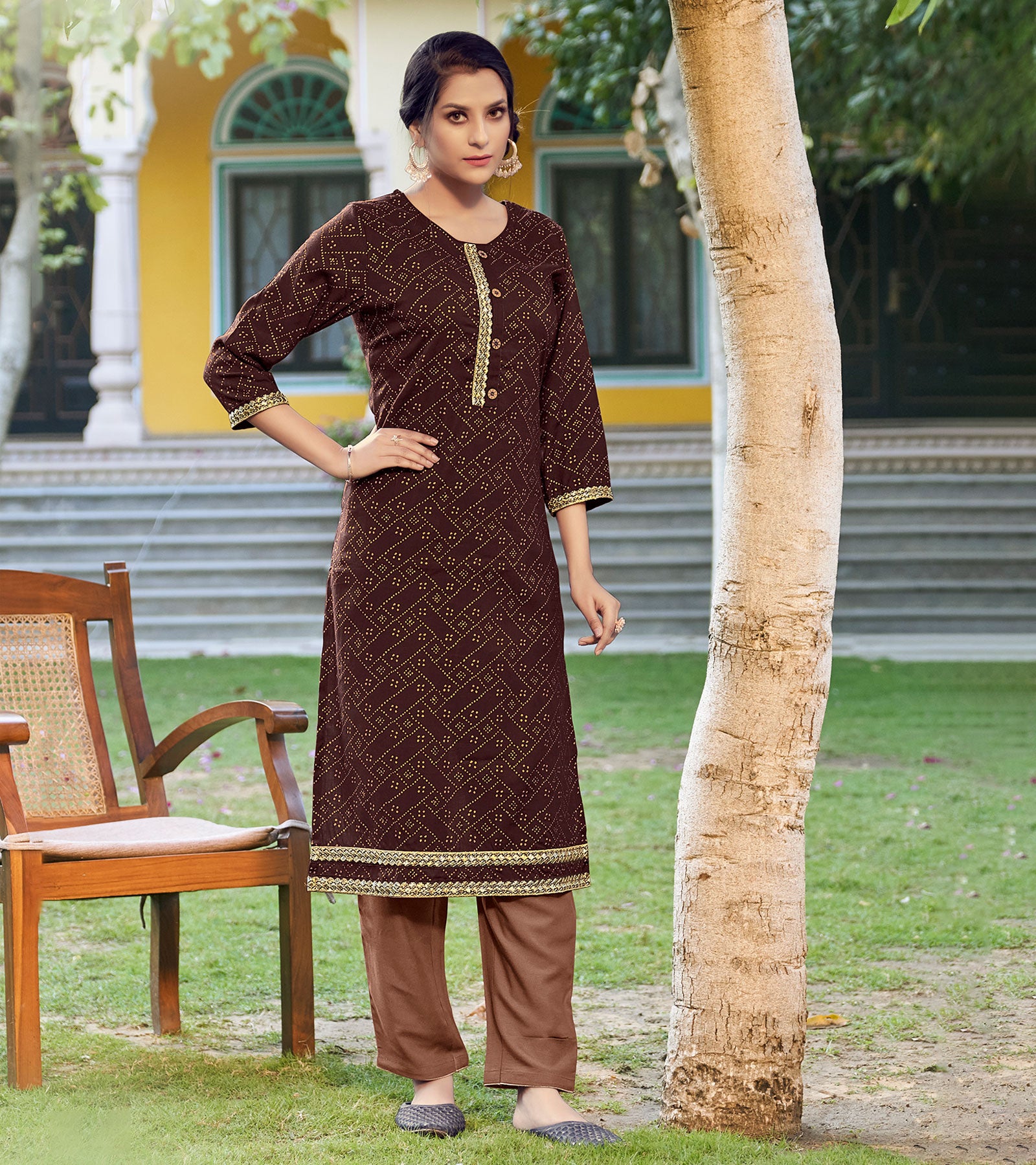 LAXMIPATI VISCOSE SLUB DARK CHOCOLATE BROWN STRAIGHT CUT KURTI WITH PANT