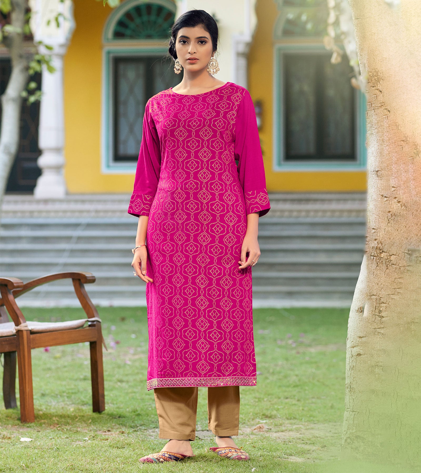 LAXMIPATI VISCOSE SLUB RANI PINK STRAIGHT CUT KURTI WITH PANT