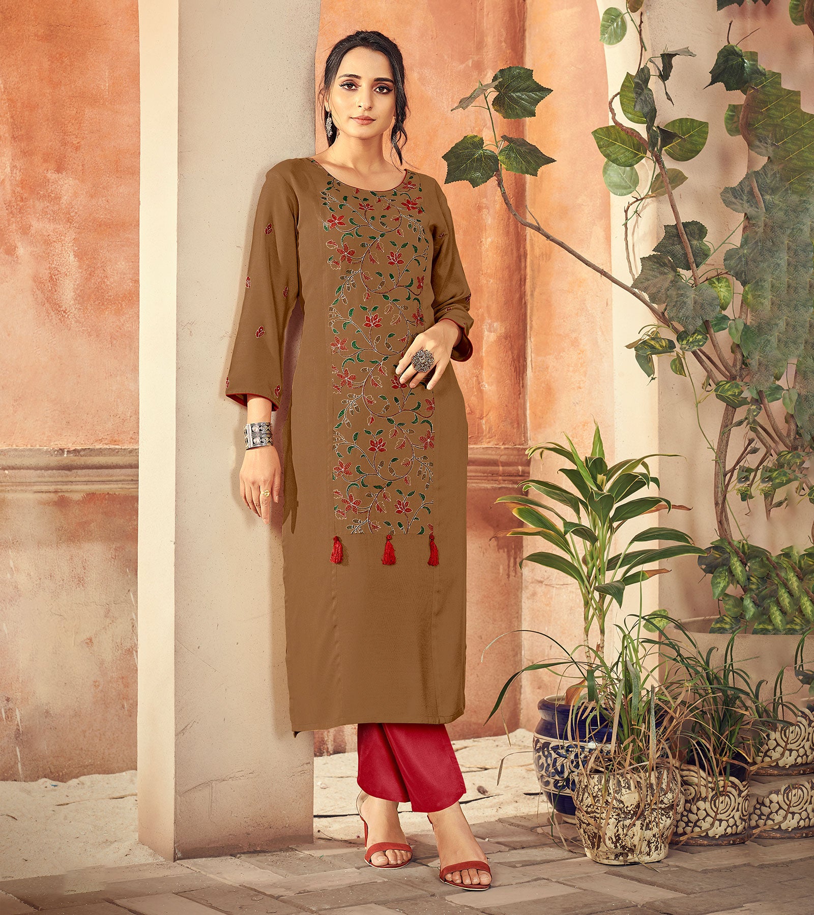 Laxmipati Rayon Moca Khakhi Straight Cut Kurti Has Round Neck Veriation , Embroidered Cufe & Different Yoke Pattern