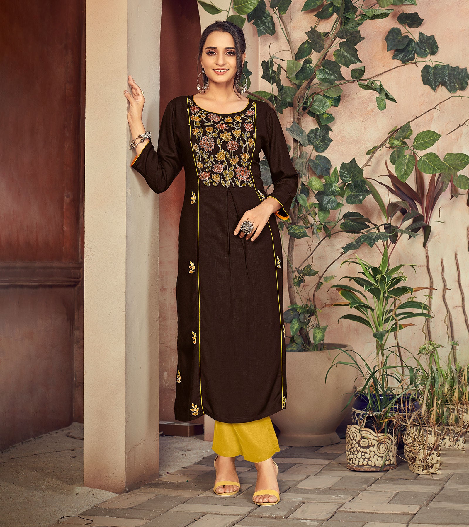 Laxmipati Rayon Coca Brown Straight Cut Kurti Has Round Neck Variation , Embroidered Cufe & Different Yoke Pattern