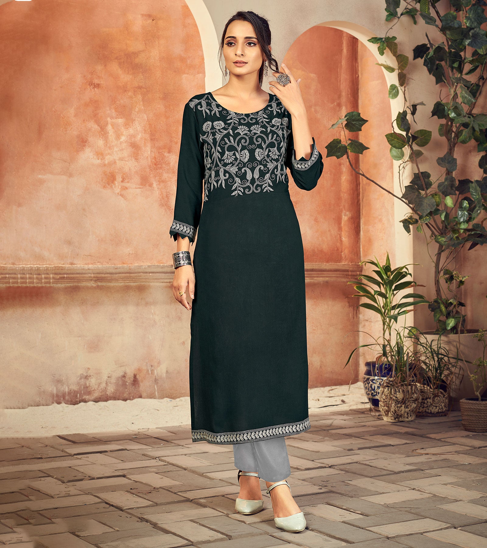 Laxmipati Rayon Midnight Grey-Green Straight Cut Kurti Has Round Neck Variation , Embroidered Cufe & Different Yoke Pattern