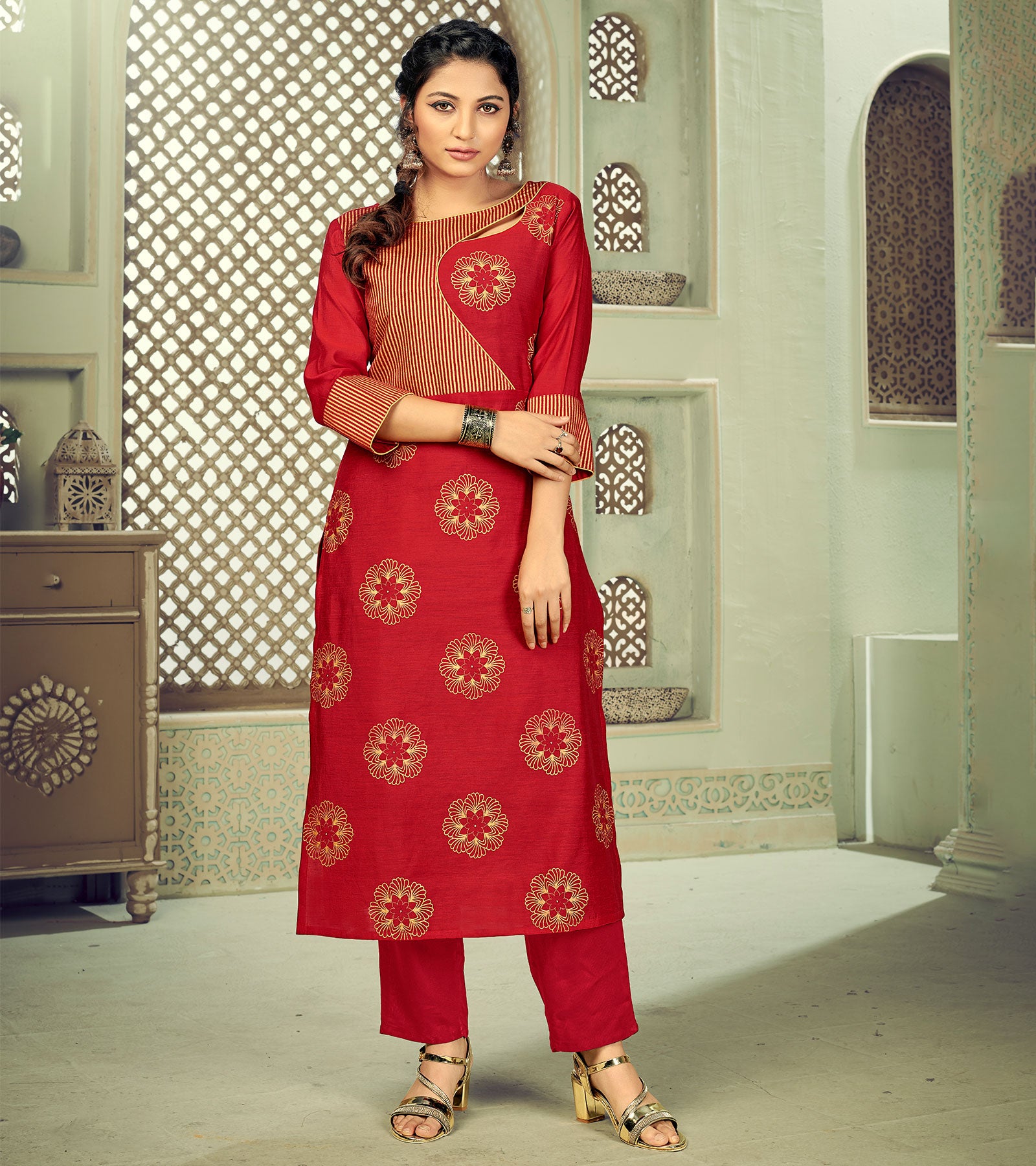 Laxmipati Linen Satin Scarlet Red Straight Cut Kurti With Pant