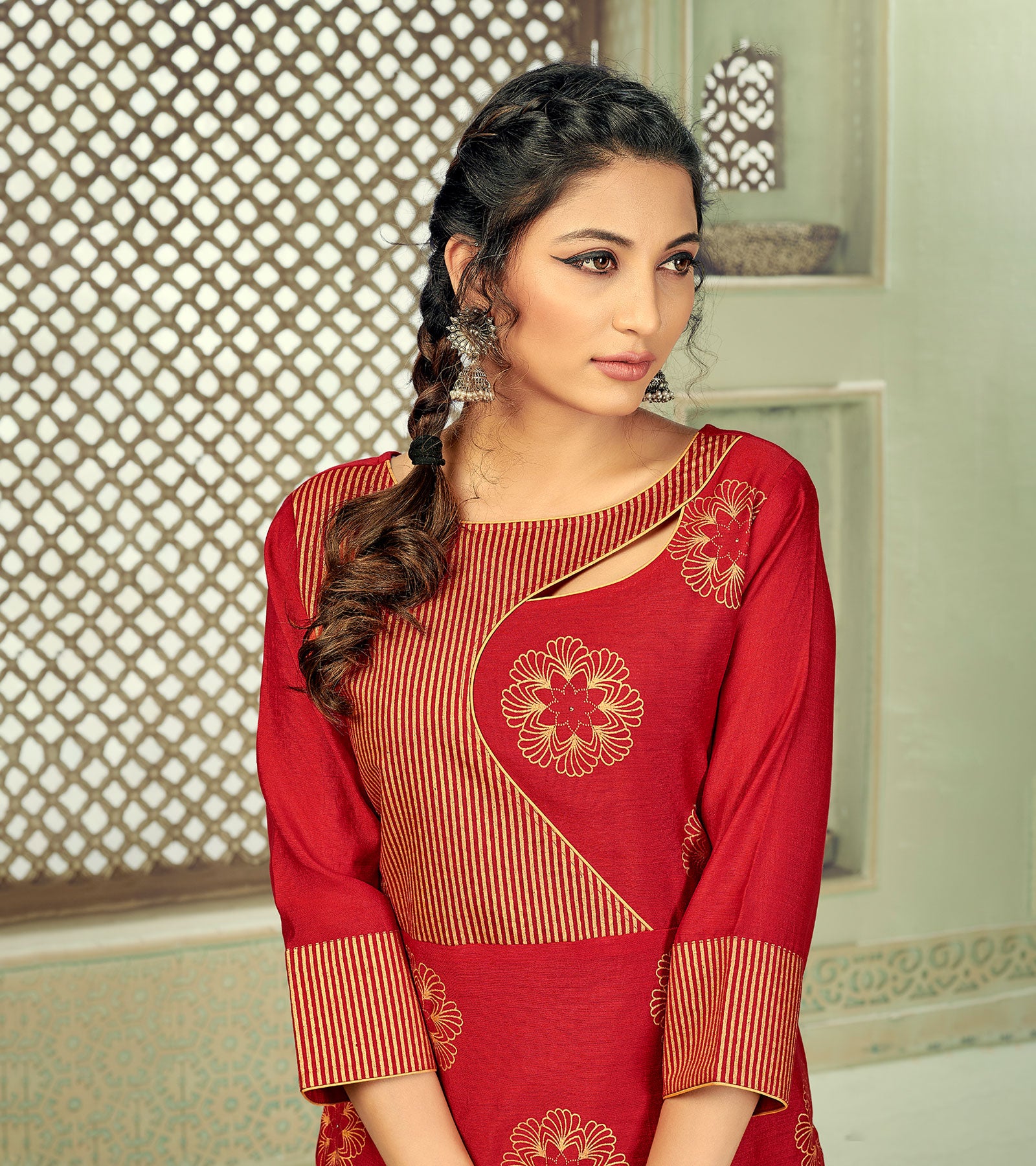 Laxmipati Linen Satin Scarlet Red Straight Cut Kurti With Pant